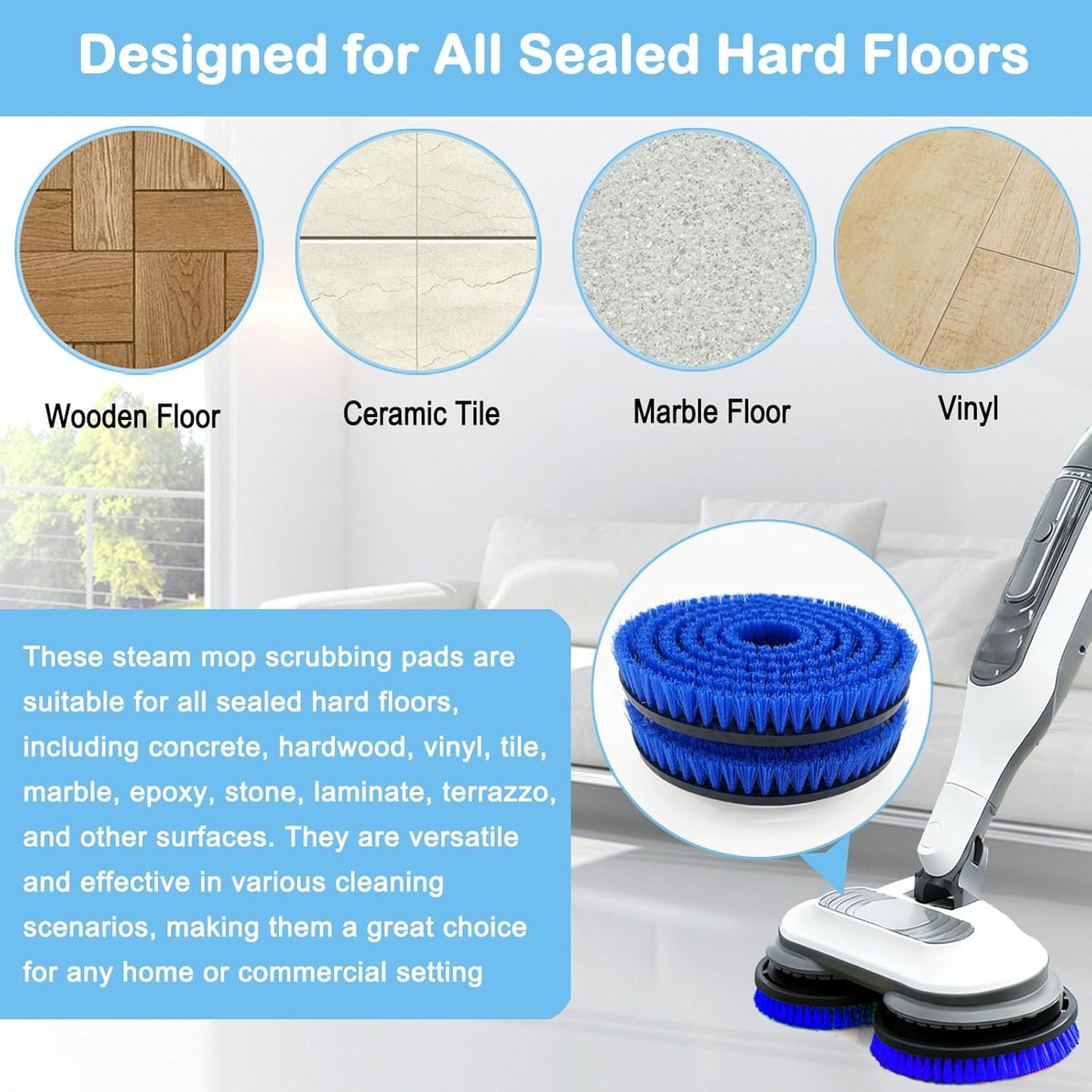 Shark S8201 Replacement Steam Mop Brush Heads - Upgraded 2-Pack for Deep Cleaning | Blue
