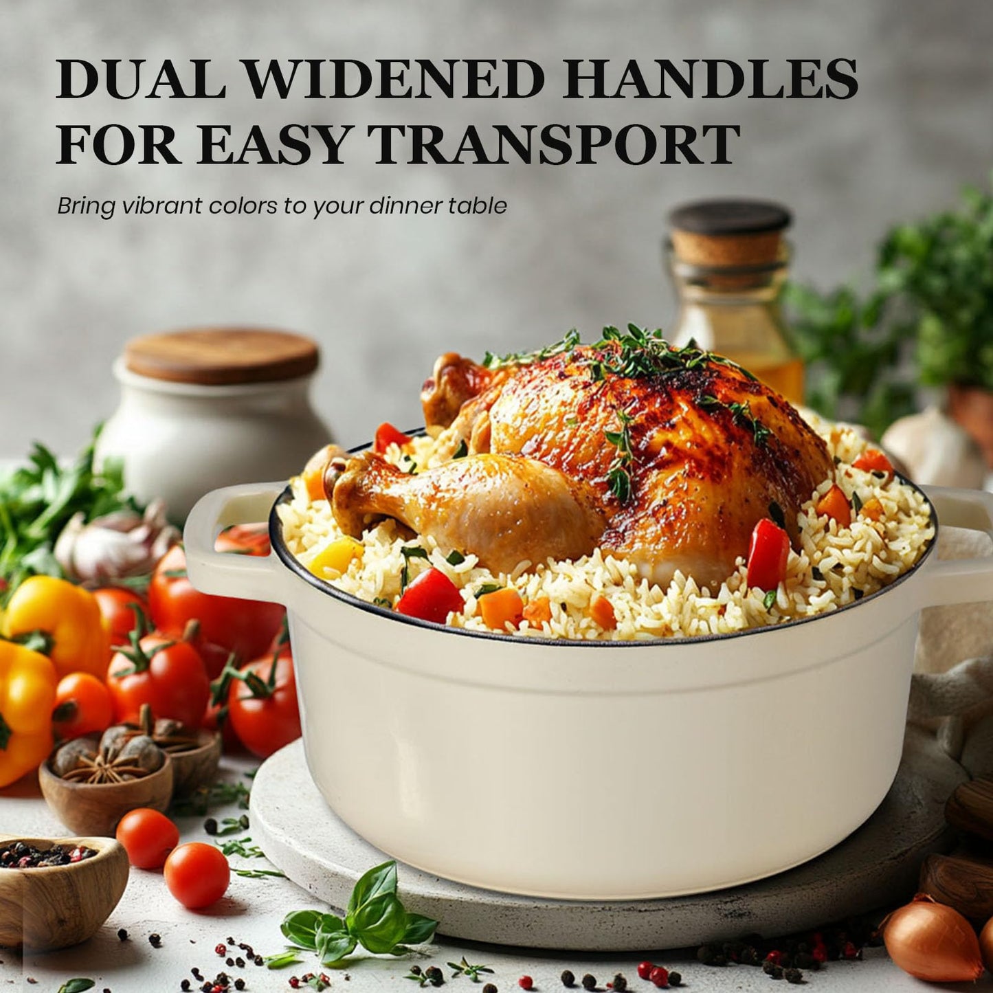 Overmont Enameled Cast Iron Dutch Oven - 5QT Pot with Lid Cookbook & Cotton Potholders - Heavy-Duty Cookware for Braising, Stews, Roasting, Sourdough Baking Cream white