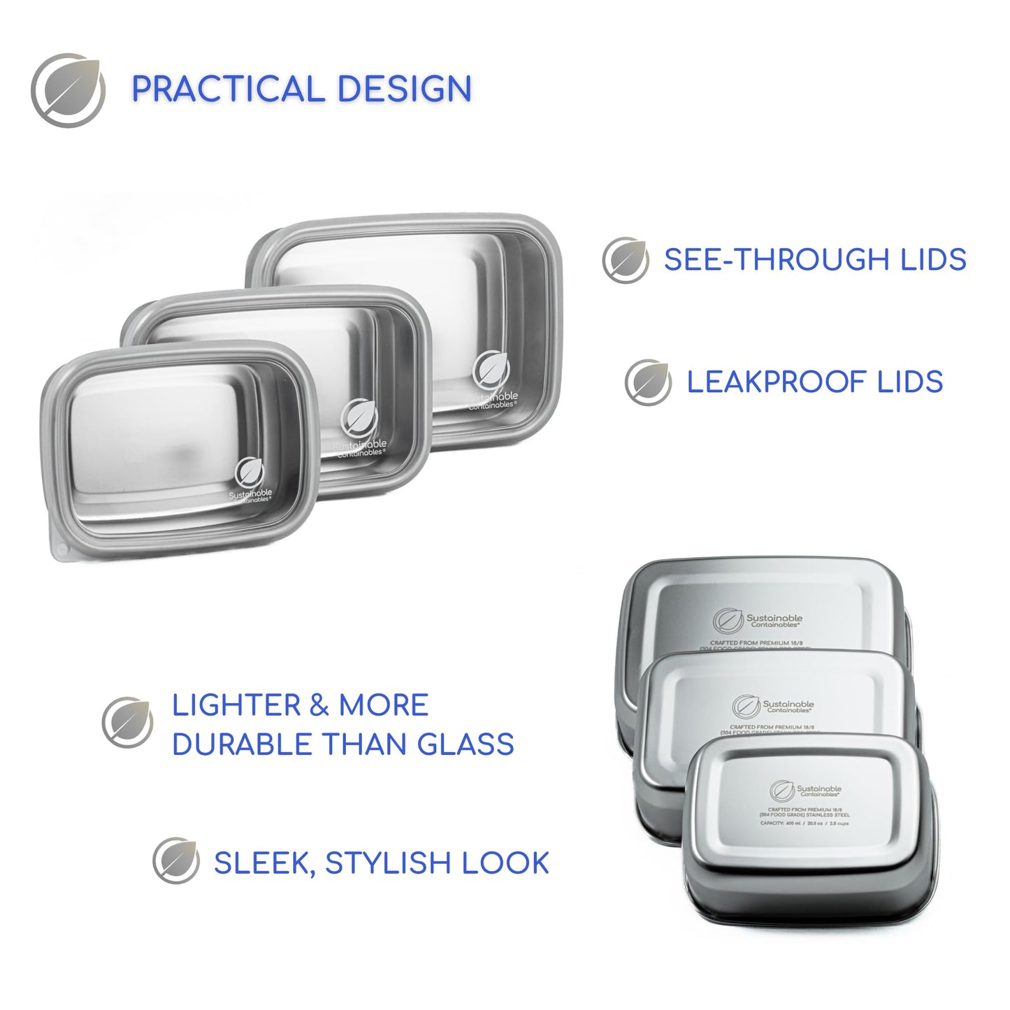 Sustainable Containables Stainless Steel Food Storage Containers with Clear Platinum Silicone Lids, Airtight, Leakproof 18/8 (304) Food Grade SS Nested 3Pk 20/30/40 oz Plastic-Free