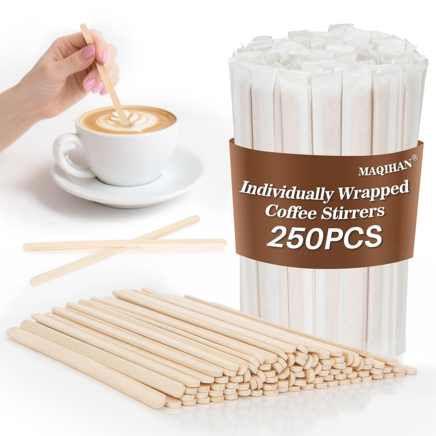 MAQIHAN 250PCS Individually Wrapped Wooden Coffee Stirrers - 5.5 Inch Biodegradable Beverage Stir Sticks for Hot & Cold Drinks, Eco-Friendly Disposable Coffee Sticks for Office, Home, Café