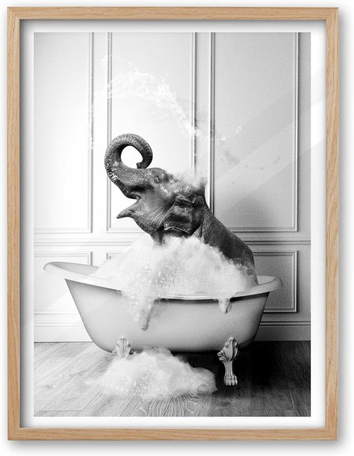 iHery Natural Oak Wood Framed Wall Art - Funny Elephant Bathing Canvas Print | 12x16 Inch Black and White Decor