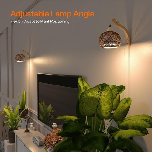 Bstrip Hanging Grow Lights - 18W Full Spectrum Indoor Plant Light | Boho Rattan Lantern Shade, 3800K