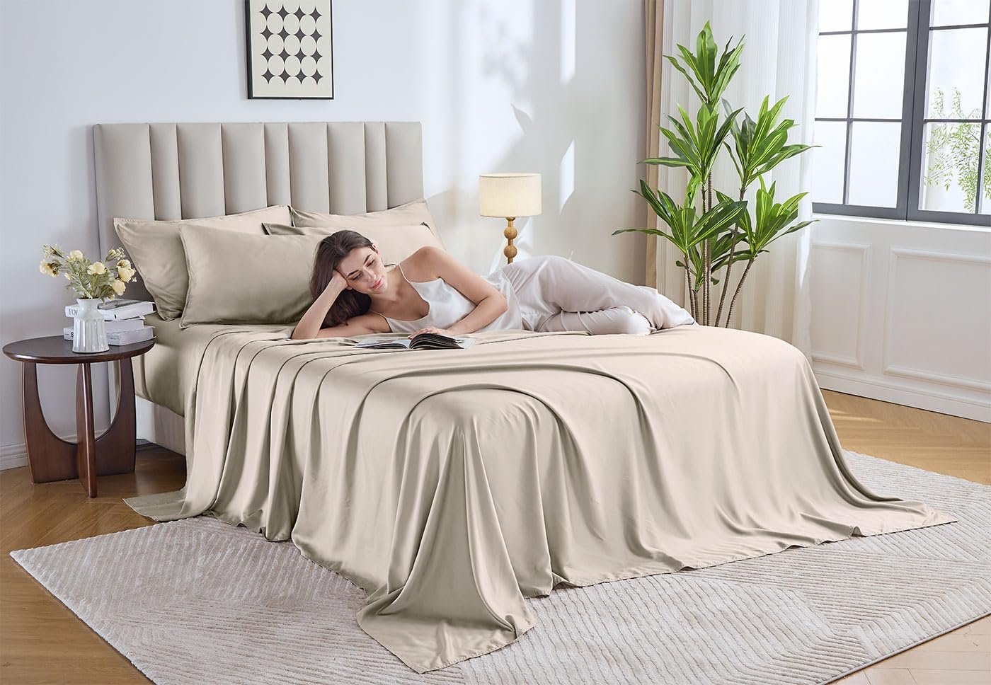 Pure Bamboo California King Sheets - 100% Organic Viscose Bed Set, Soft & Cooling, Double Stitching (Creme)
