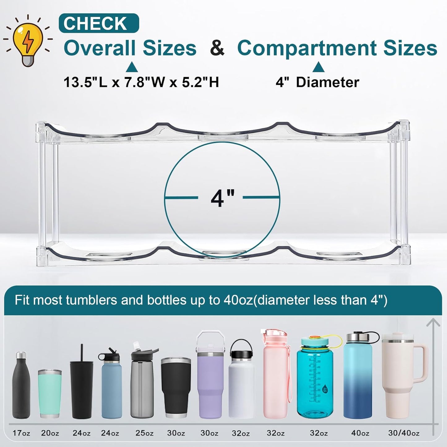 Skiennix Stackable Water Bottle Organizer - Large Compartment for Stanley Tumblers - Clear 3-Tier Holder for Cabinets & Countertops
