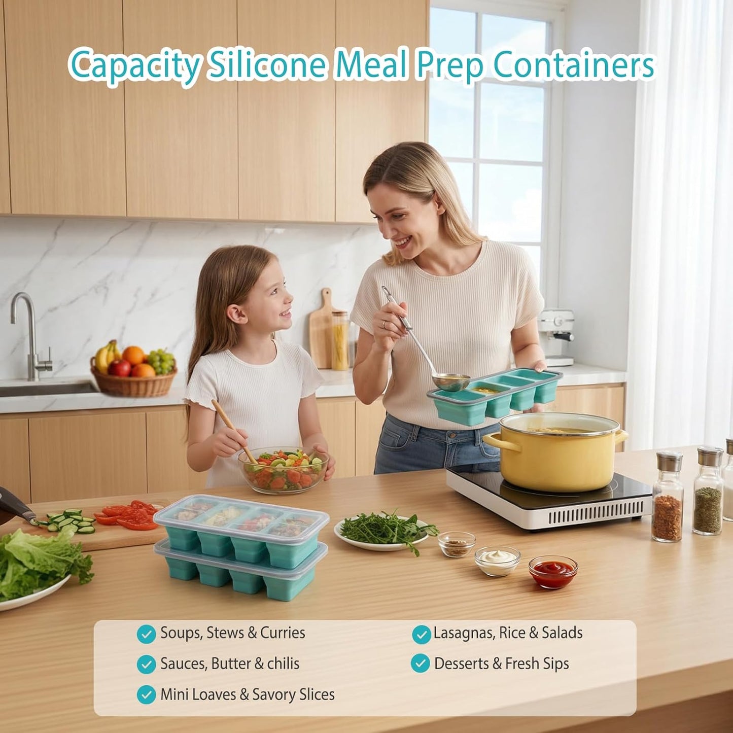 Skiennix Foldable Silicone Freezer Trays - 1-Cup Soup Molds with Lids | BPA-Free, Stackable Meal Prep Containers