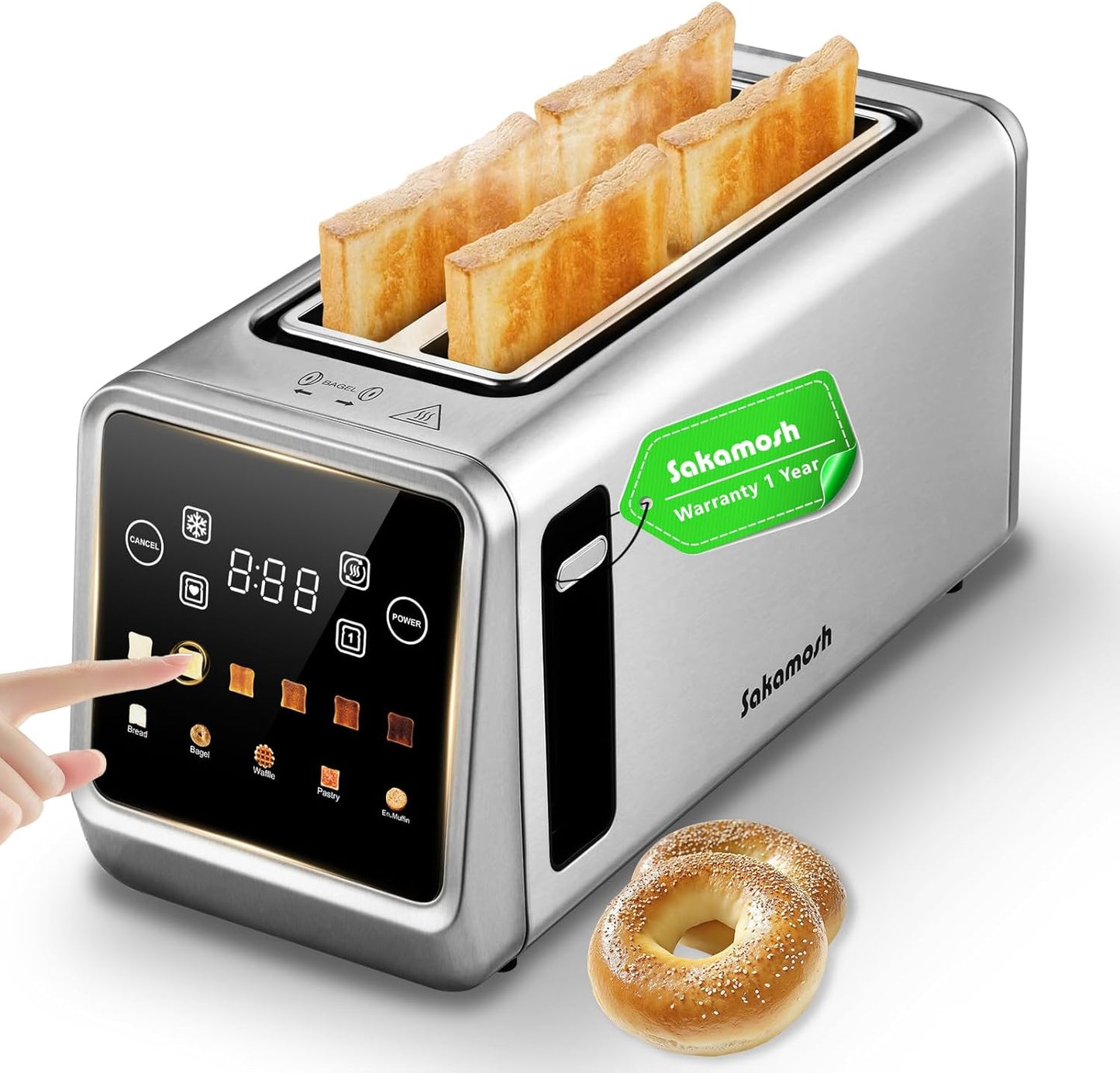 SAKAMOSH Smart Toaster - 4 Slice Digital Toaster with Touch Screen & 6 Browning Levels | Stainless Steel