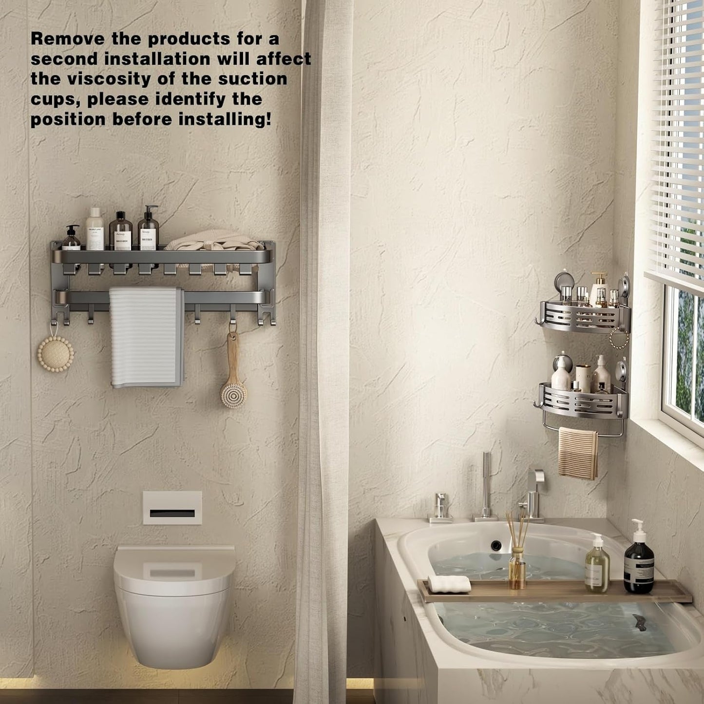 VOLPONE Shower Caddy - No Drill Corner Suction Cup Organizer | Gray Adhesive Shelf (1-Pack)