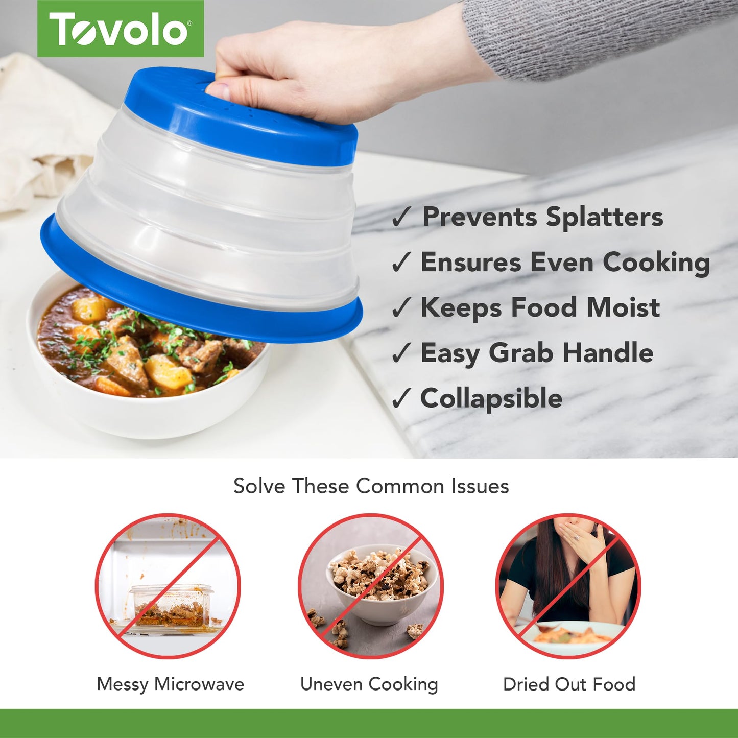 Tovolo Microwave Splatter Cover for Food, Medium (Blue) - Collapsible and Vented Silicone Splatter Guard Lid - Microwave Plate and Dish Cover with Handle - BPA-Free Kitchen Gadget for Meal Prep