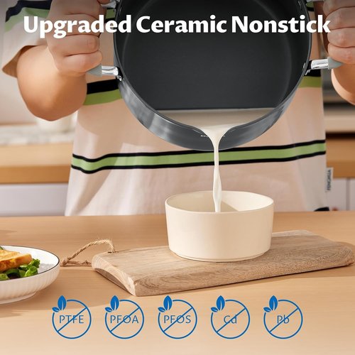 BEZIA Nonstick Stock Pot - 6 Quart PFAS-Free Ceramic Soup Pot with Strainer Lid | Induction Compatible, Dishwasher Safe