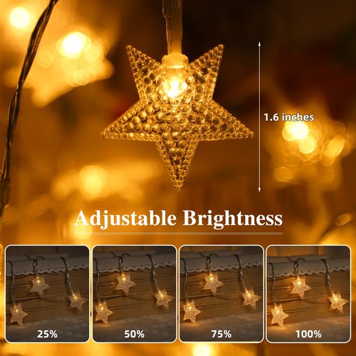 Clearzen 2 Pack Star String Lights Total 33 Ft 100 LED Christmas Fairy Lights Battery Operated with Remote 8 Modes Waterproof for Bedroom Wedding Party Garden Tent Decor, Warm White