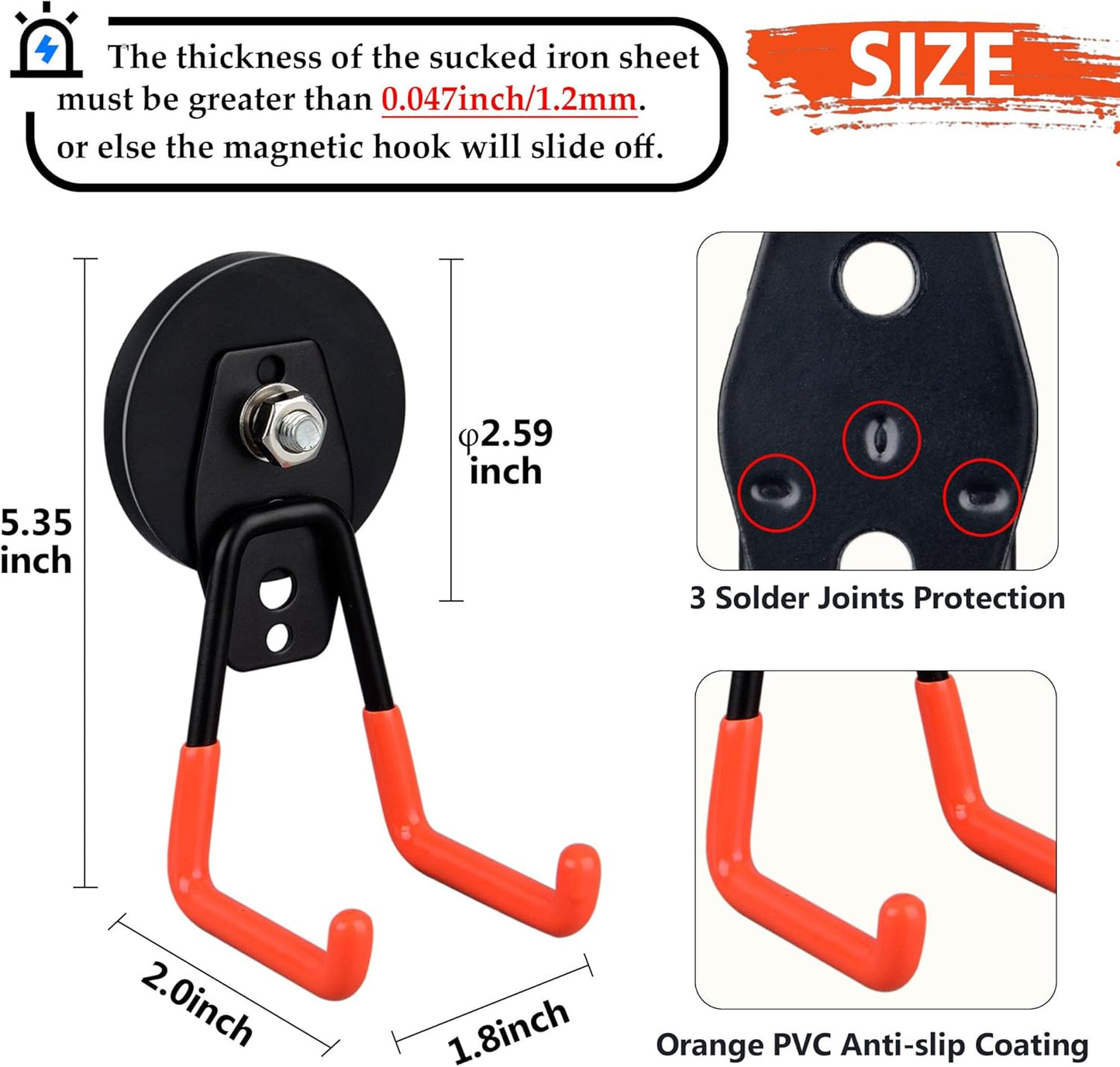 ULIBERMAGNET Heavy Duty Garage Magnet Hooks - 3 Pack Strong Magnetic Utility Hooks with Anti-Slip Coating | Orange