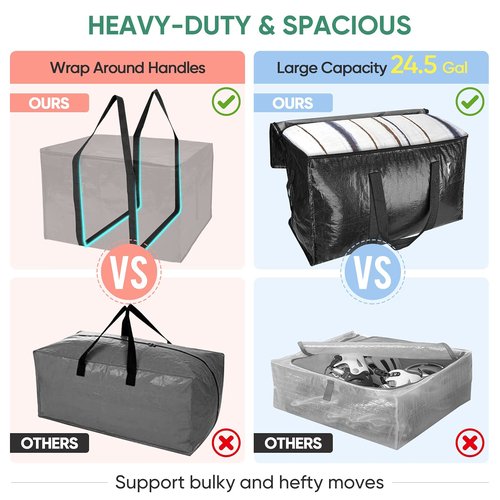 BALEINE 4-Pack Oversized Moving Bags with Reinforced Handles, Heavy-Duty Storage Tote for Clothes, Moving Supplies (Black, 4-Pack)