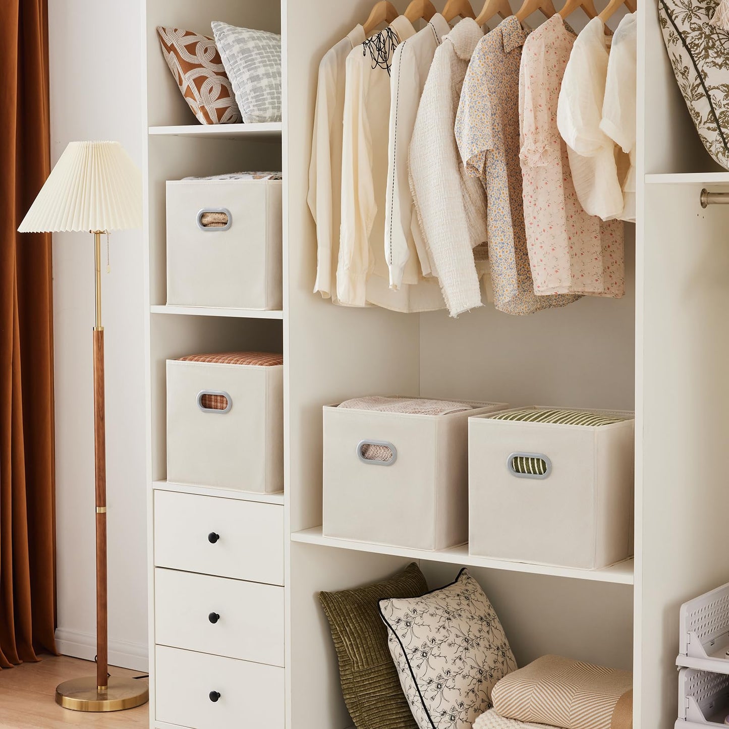 MAX Houser 6 Pack Foldable Fabric Storage Bins with Handles - Ideal for Closet Organization, Bedroom and Nursery（ Beige, 12"x12"x12"）