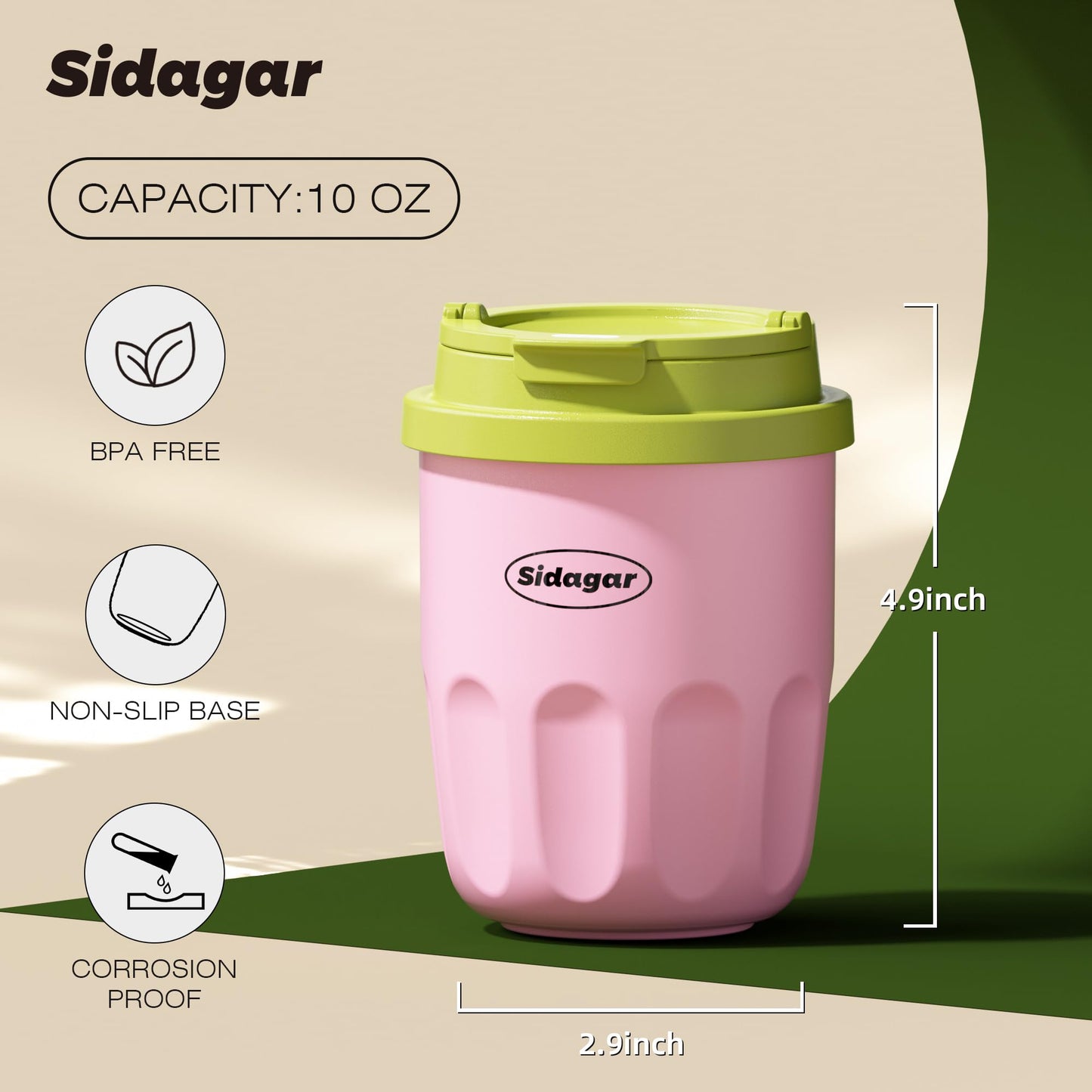 Sidagar Travel Coffee Mug 10 oz Ceramic Lined Tumbler, Double Wall Stainless Steel Coffee Cup with Lid, Vacuum Spill Proof Mini Water Bottle, Insulated Thermal Mug for Home Office,Pink