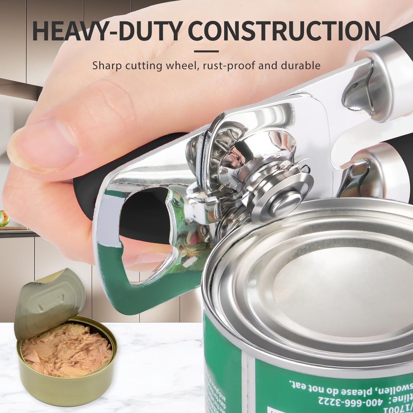 Safring Can Opener Manual, Heavy Duty Stainless Steel Smooth Edge Can Openers With Soft Touch Handle, Oversized Handheld Easy Turn Knob, Multi-Function Bottle Opener, Black