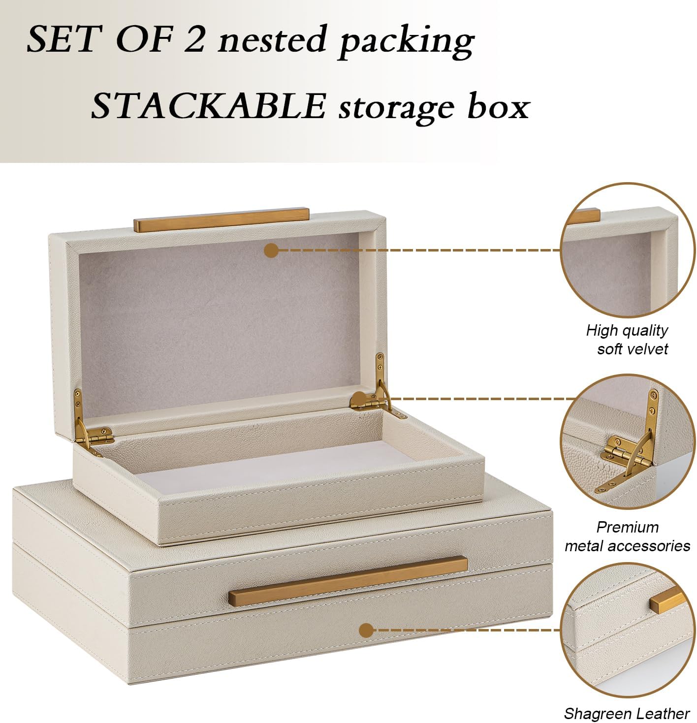 Skiennix Set of 2 Beige Shagreen Decorative Storage Boxes - Faux Leather Jewelry & Memory Organizers