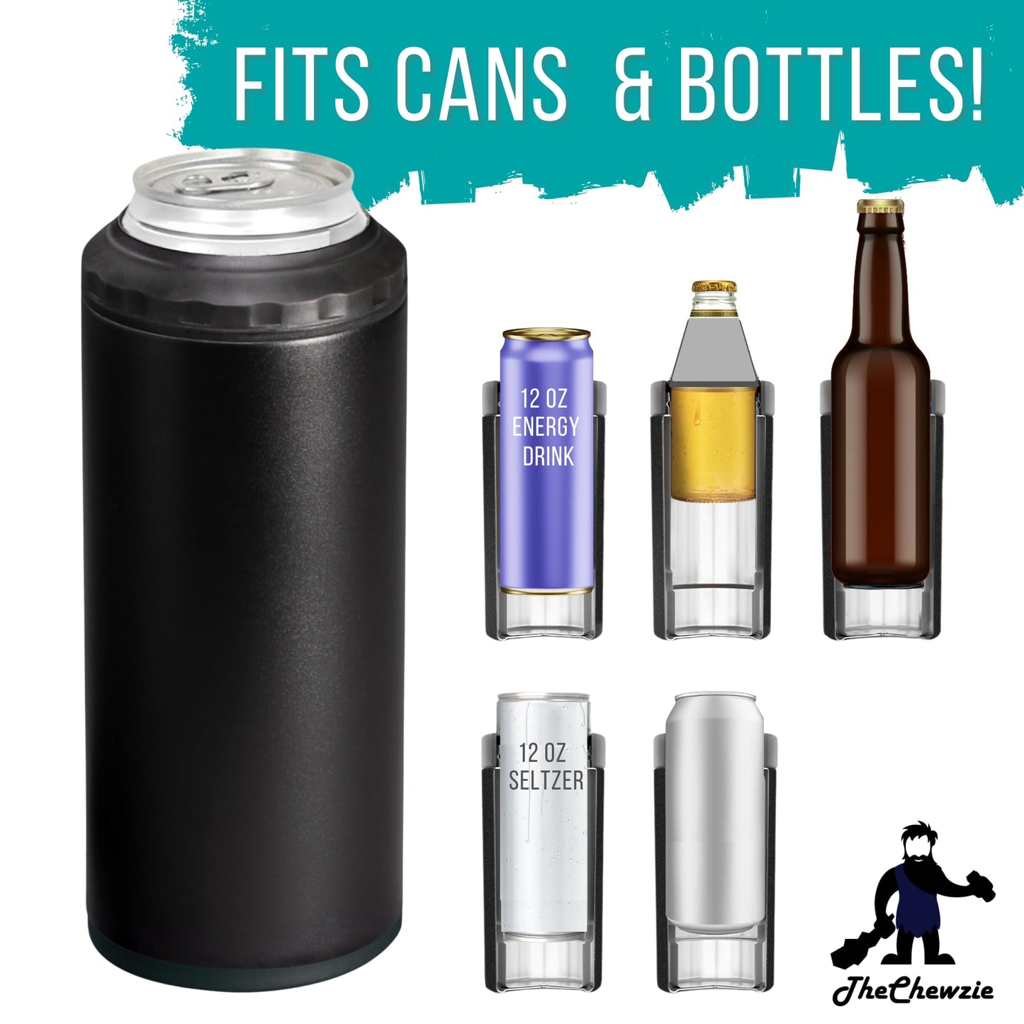 TheChewzie Universal Can Cooler with Hidden Storage - Fits 12 oz Cans & Bottles - Tobacco Can Holder - Stainless Steel, Black Universal Fit