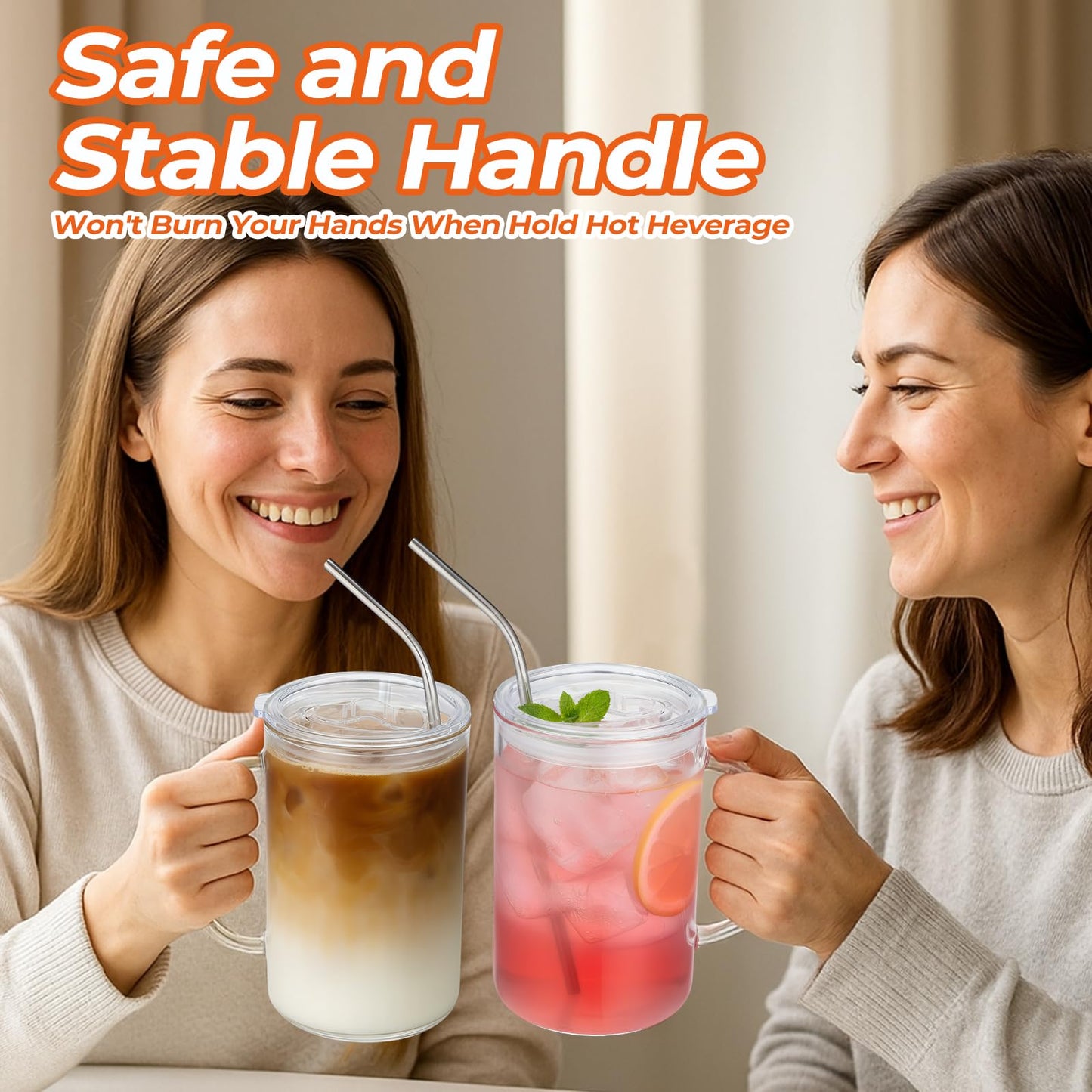 Sieral 2 Pack 33.8 oz Glass Tumbler with Straw and Lid Large Glass Cup with Handles Iced Coffee Glasses Reusable Drinking Glasses Set for Iced Coffee Smoothies Drink Juice for Birthday Valentine Gift