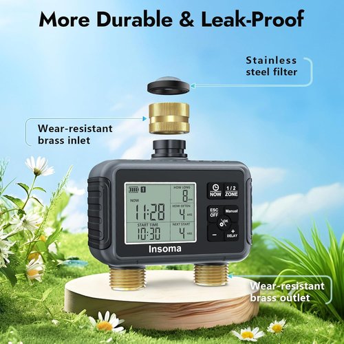 Insoma Water Timer - Brass Inlet & Outlet | 2-Zone Outdoor Hose Timer for Garden with Auto/Manual/Rain Delay