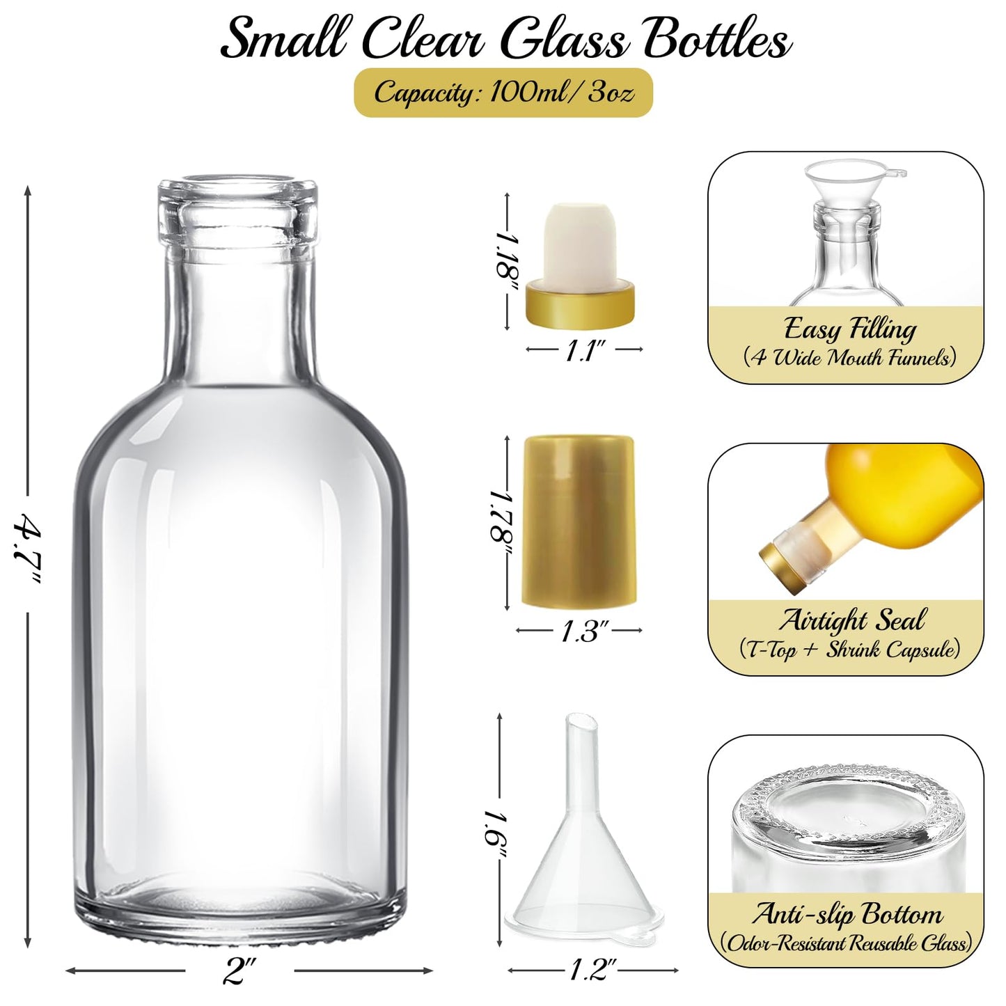 TBWIND 12 Pack 3 oz / 100 ml Clear Glass Bottles with T-Top Cork Stoppers, Small Refillable Bottles for Homemade Liquor, Vanilla Extract, Oil, Vinegar & Gift Favors