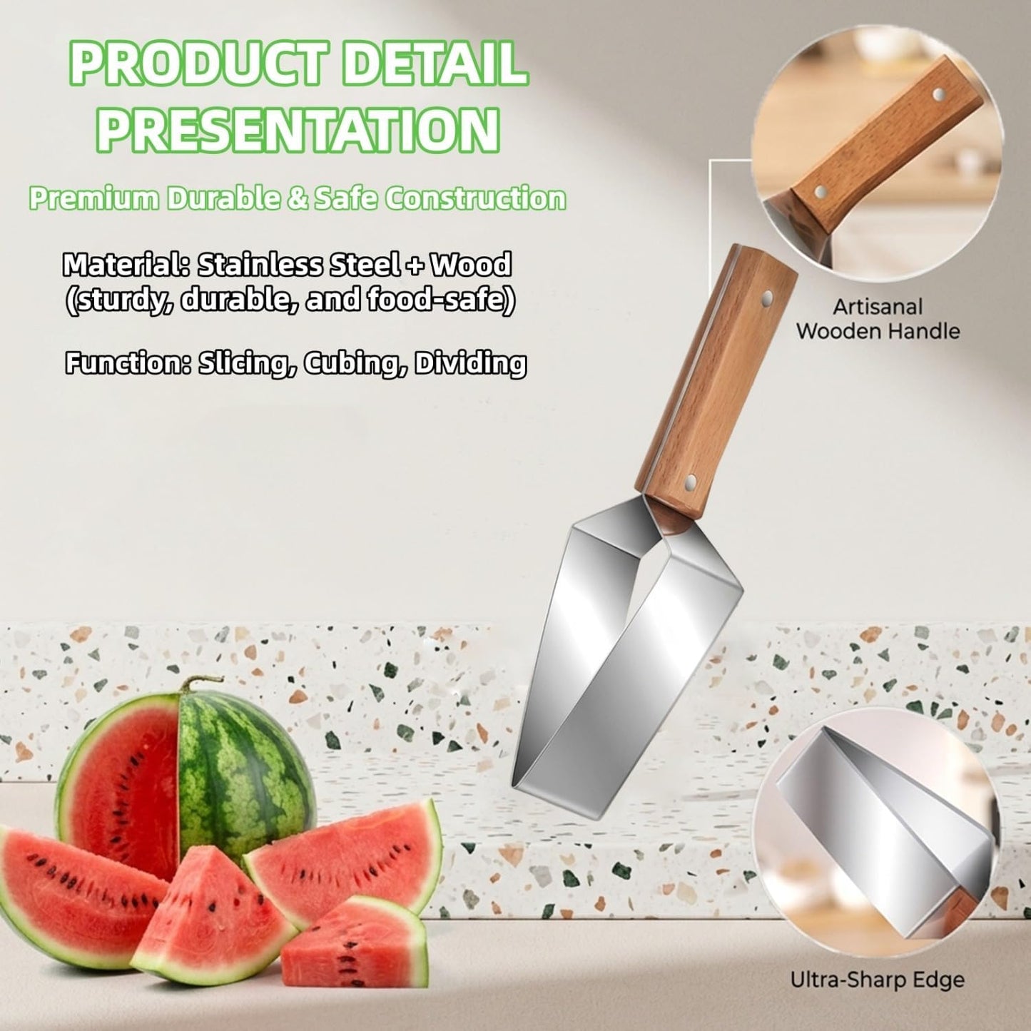 Skiennix Triangle Watermelon Cutter - Large Stainless Steel Slicer with Wooden Handle | 2-Piece Set for Home & Picnic