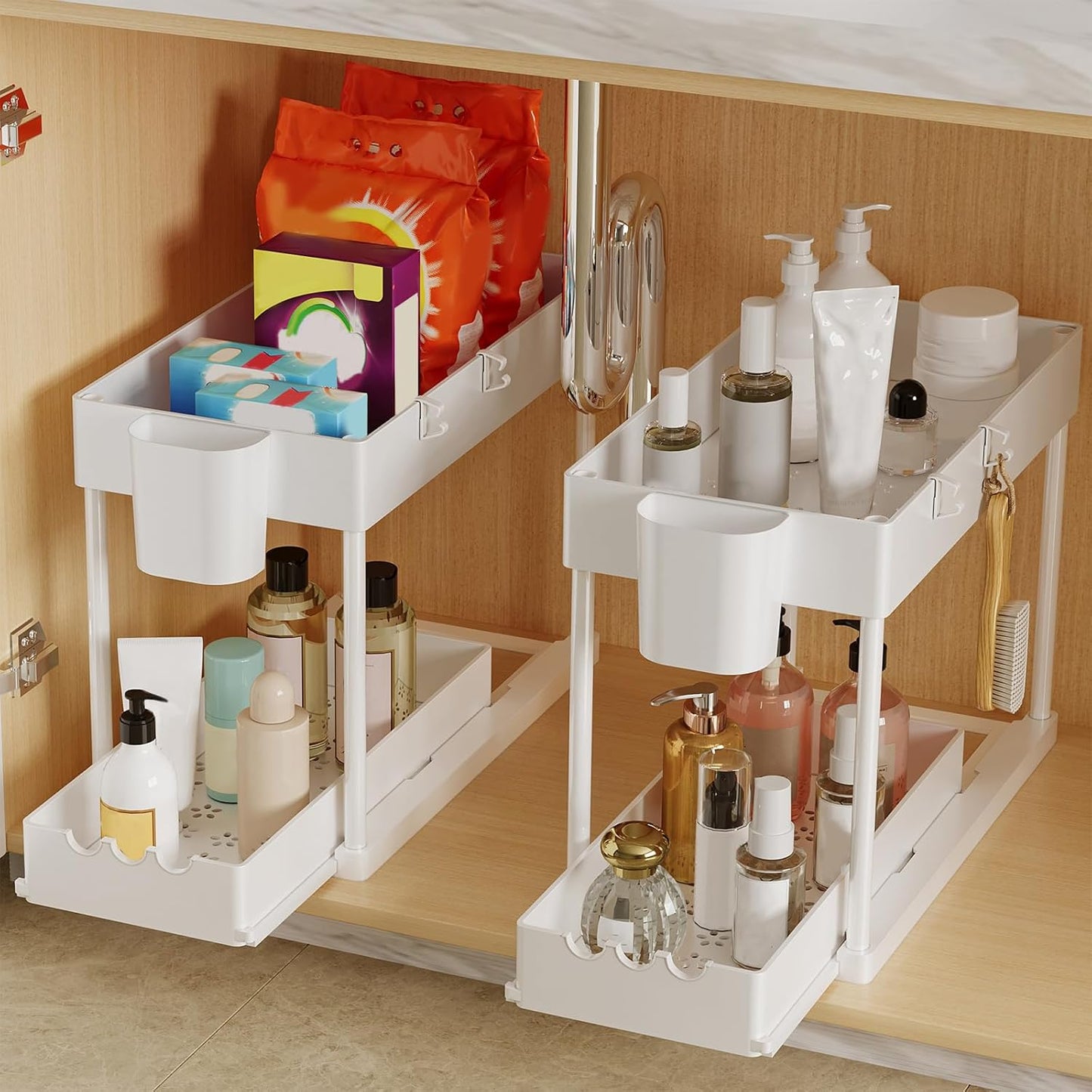 Under Sink Organizers by [Brand Name] - 2-Tier Sliding Cabinet Storage for Bathroom & Kitchen | Easy Pull-Out Design (White)