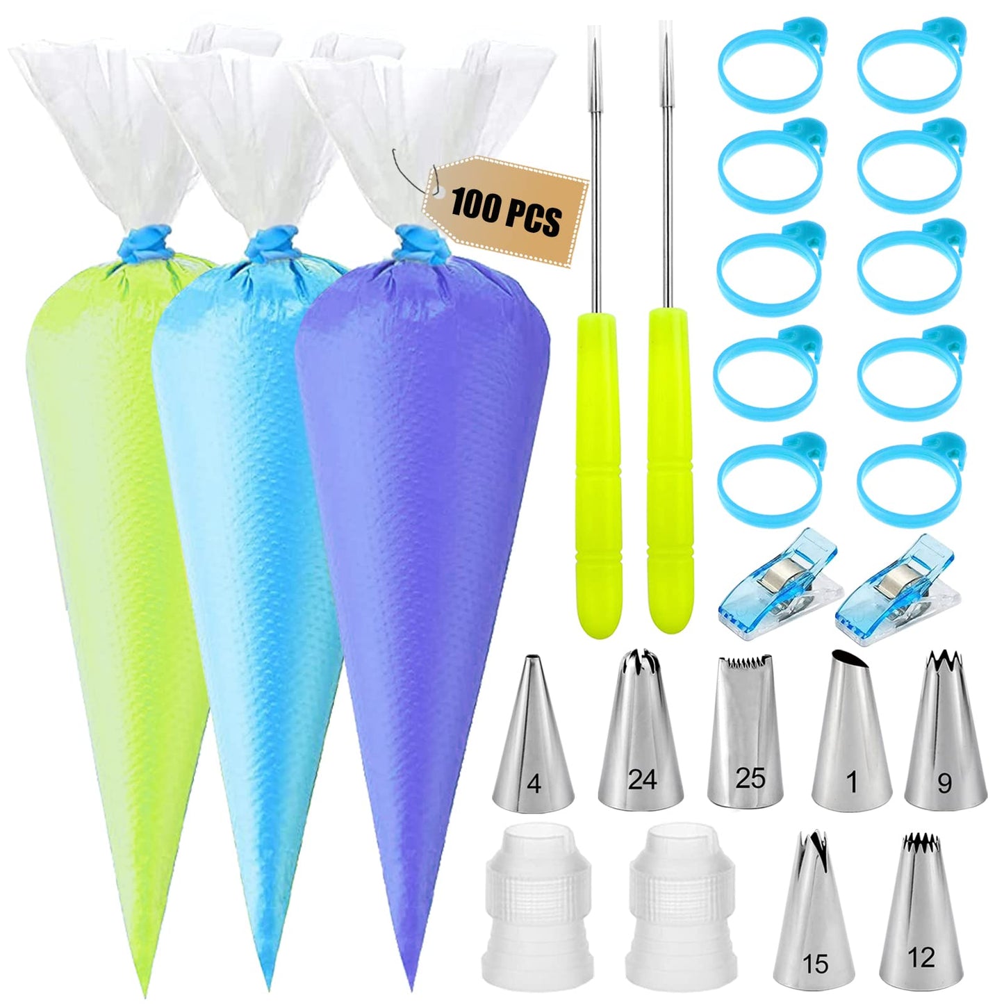 Piping Bags and Tips Set - 100 12Inch Disposable Pastry Piping Bags for Royal Icing with 7 Frosting Tips, 10 Icing Bags Ties, 2 Scriber Needle - Tipless Piping Bags Kit for Cookies & Cake Decorating