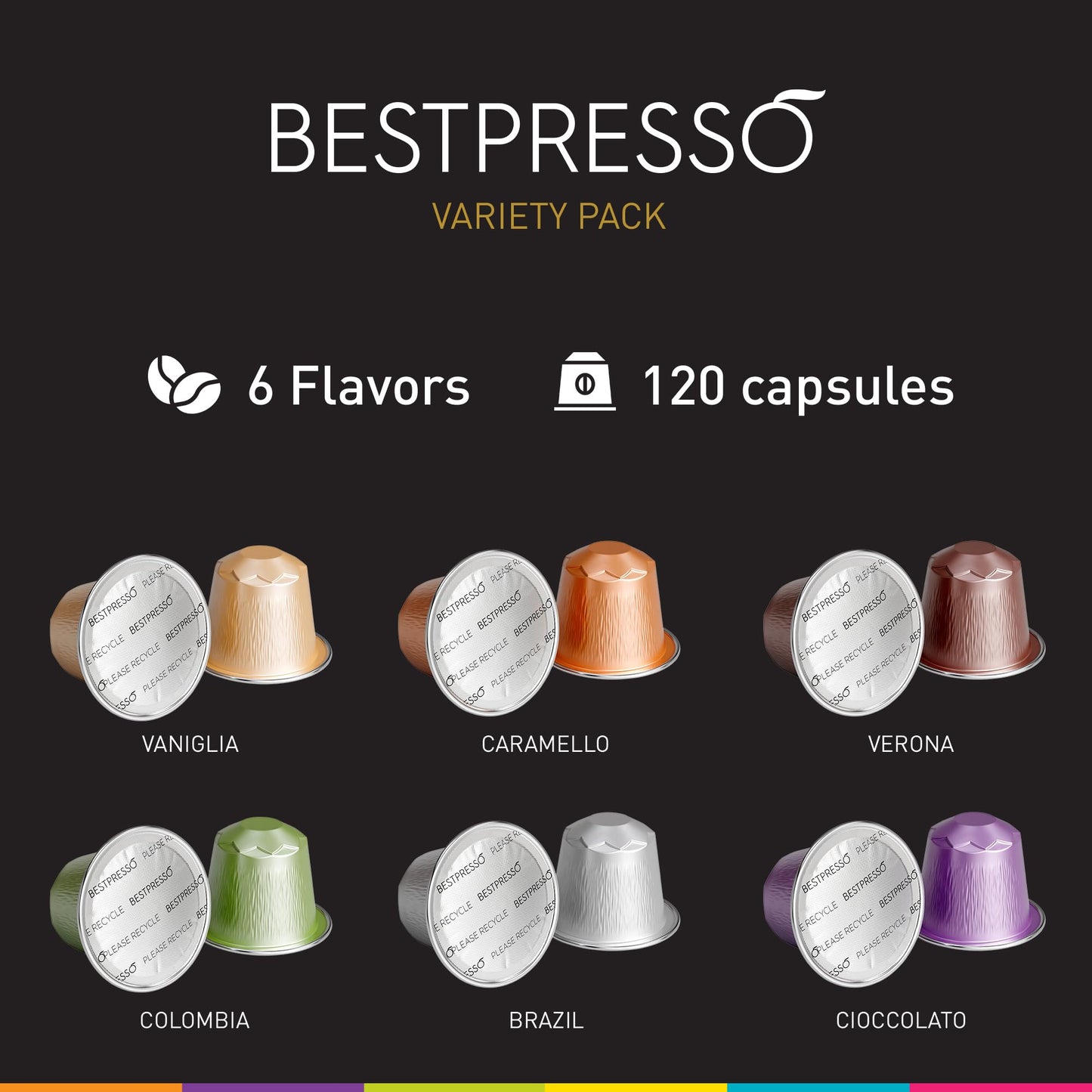 Bestpresso Coffee for Nespresso Original Machine 120 pods Certified Genuine Espresso Variety Pack includes one pack of decaf coffee, Pods Compatible with Nespresso Original
