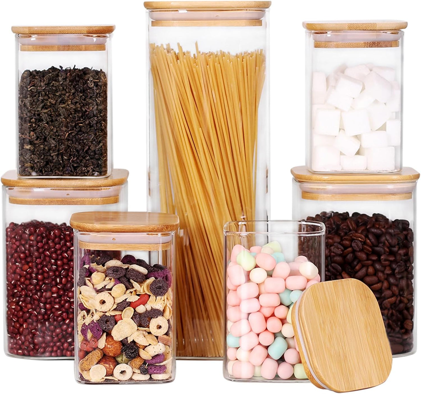 Leaves And Trees Y Glass Storage Canister Set - 7 Square Jars with Wooden Lids for Kitchen & Pantry