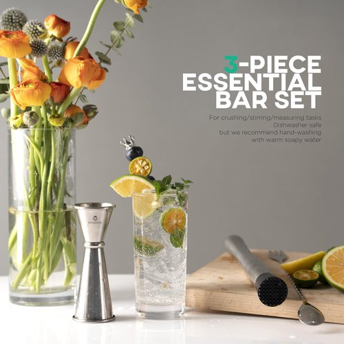 Homestia 3 Pcs Muddler for Cocktails Set, 10'' Muddler, 12'' Cocktail Spoon & 1 OZ/2 OZ Double Jigger Mixing Tool Set, Stainless Steel Silver Bar Tool Set for Beverages Drinks Mixing Home Bar
