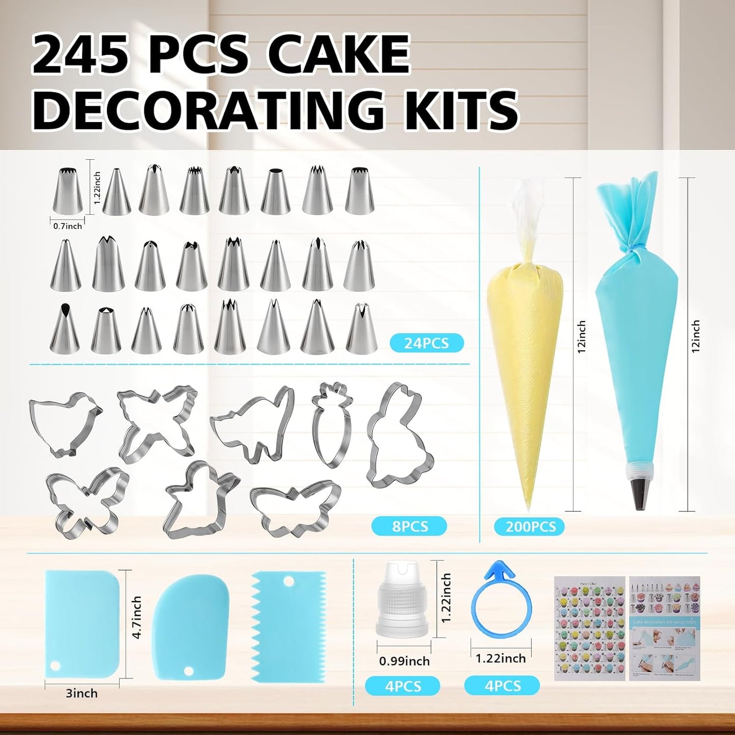 Regine Switzerland Piping Bags and Tips Set - 245-Piece Cake Decorating Kit | 12-Inch Disposable Pastry Bags & Reusable Icing Tools for Cupcake and Cookie Decorating