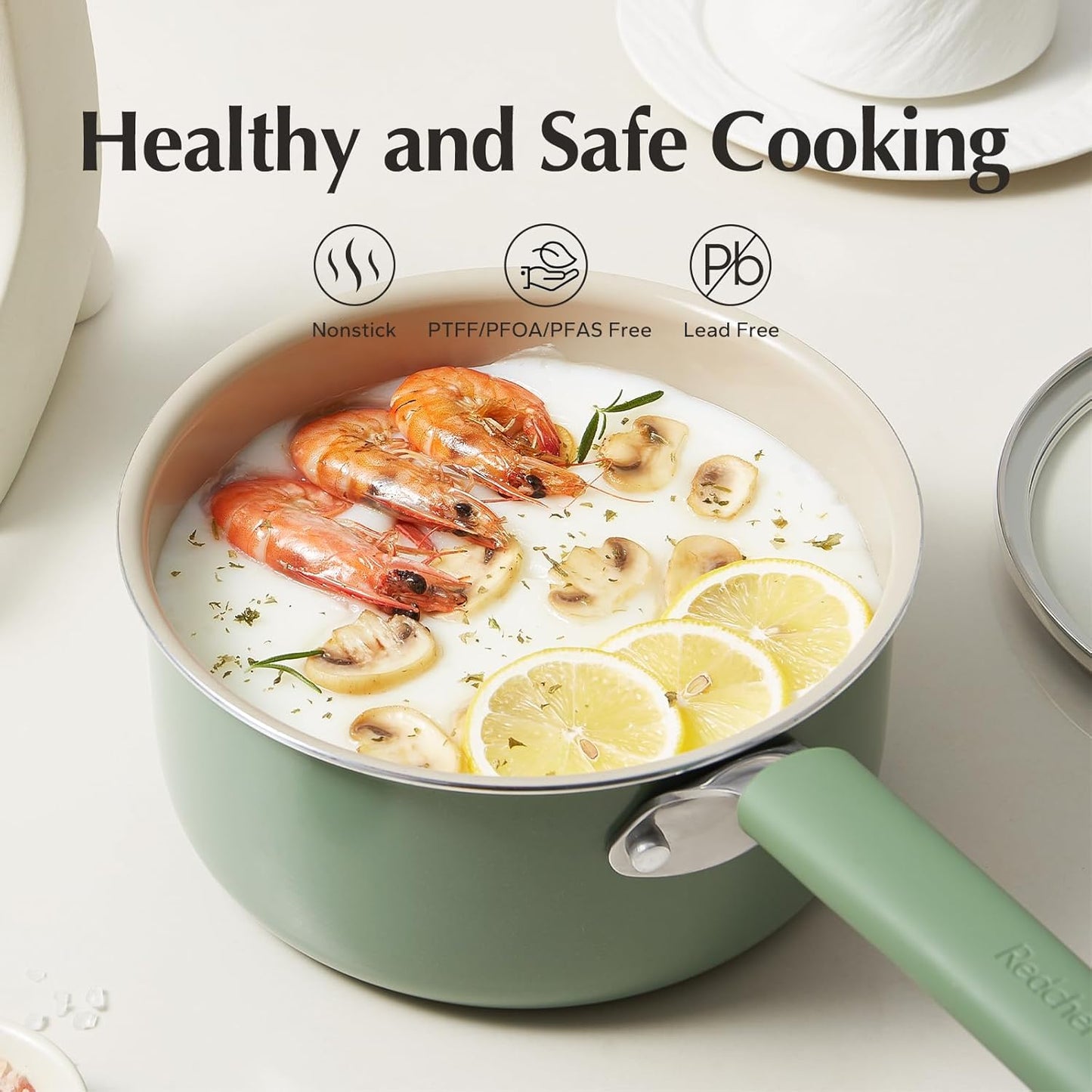Redchef Ceramic Nonstick Saucepan - 2.5QT Small Cooking Pot with Lid | PFAS-Free, Cool Handle, Green