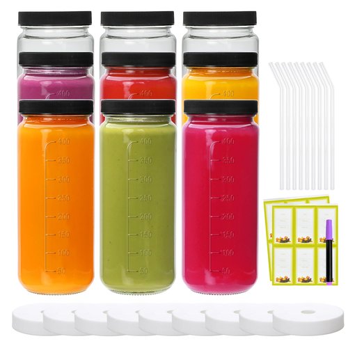 Encheng 16 oz Glass Juice Bottles with Lids,9 Pack Reusable Juicing Bottles Drinking Jars with Lids and Straws,Clear Round Smoothies Cup for Juicing,Kombucha,Water,Milk,Travel
