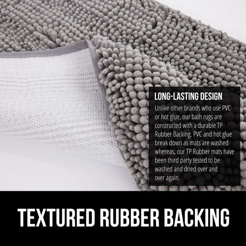 GORILLA GRIP Bath Rug Mat & Mesh Bath Pillow Bundle - Soft Absorbent Chenille, Gray & White, 2-Piece Set