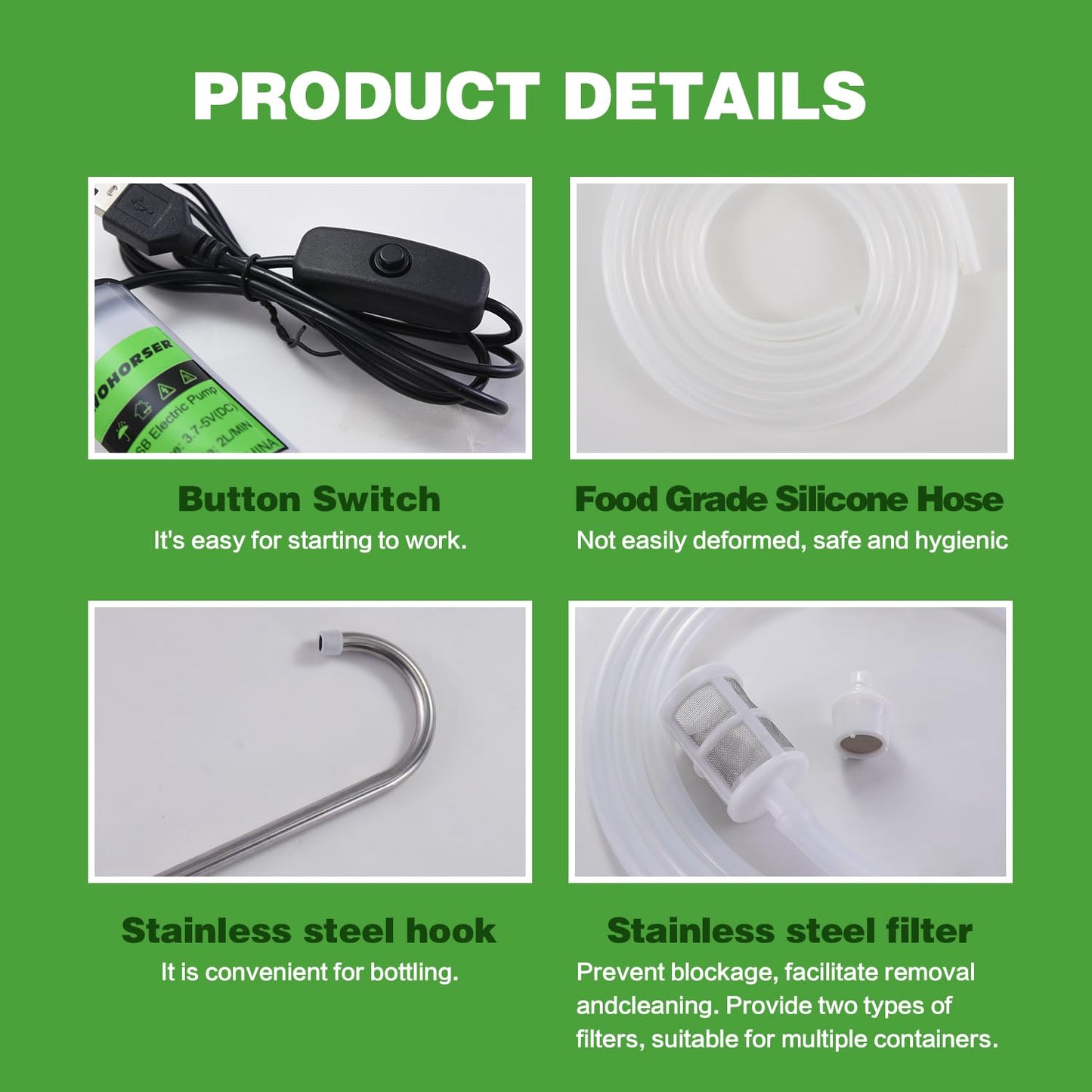 Portable USB Electric Auto siphon Self Priming Pump for Bottling Home brew Wine,Beer and Kombucha, DC 5V Food Grade Water Transfer Pump With 6.5FT hose, 2L/Min No Mess Leak,Low Noise