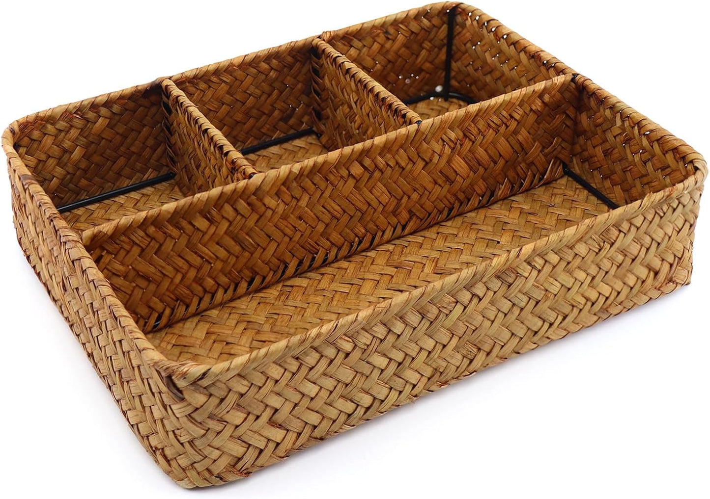 Wicker Baskets | 4-Section Tea Bag & Sugar Packet Holder - Seagrass Compartment Organizer for Home & Office