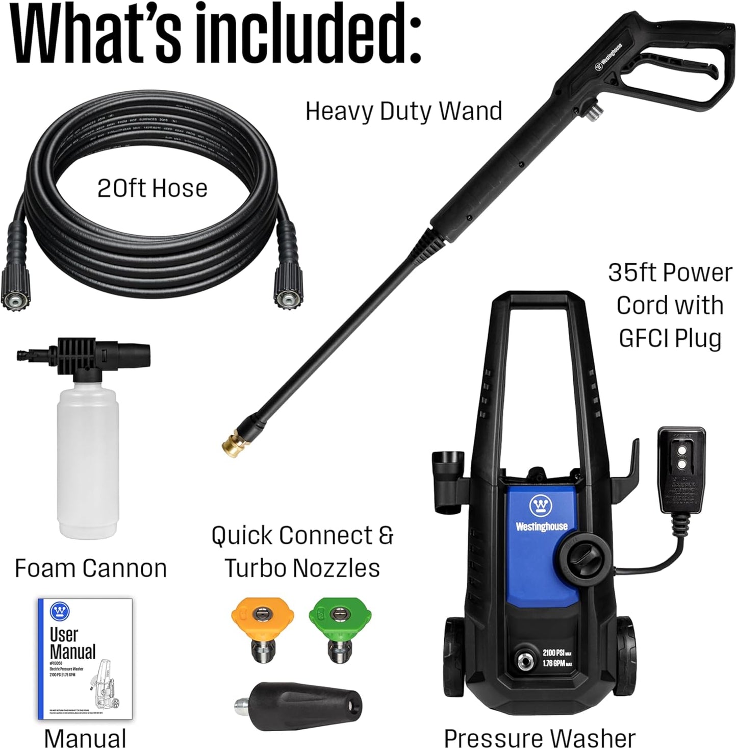 Westinghouse ePX3050 Electric Pressure Washer - 2100 PSI, 1.76 GPM, Foam Cannon & Turbo Nozzle for Versatile Cleaning
