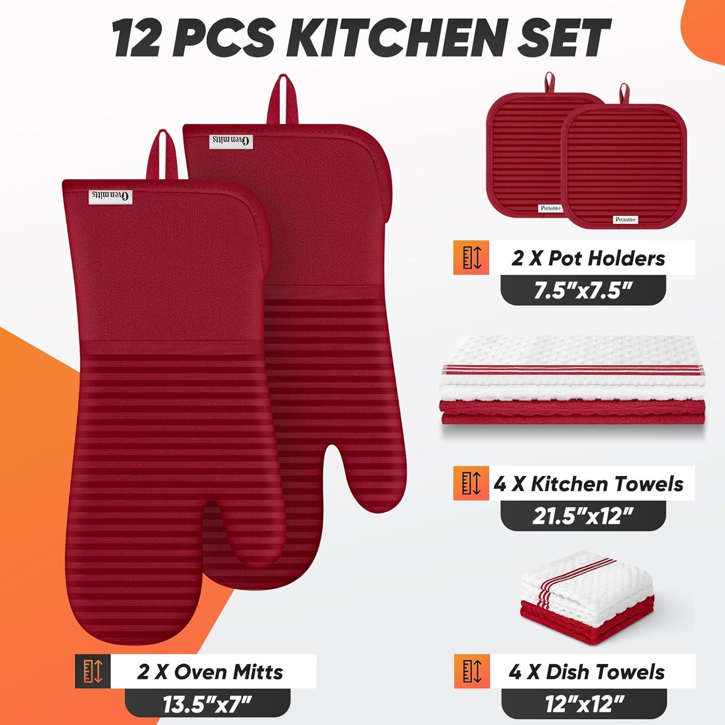Skiennix Oven Mitts Set - 500°F Heat Resistant Gloves with Silicone Grip & Kitchen Towels | Red
