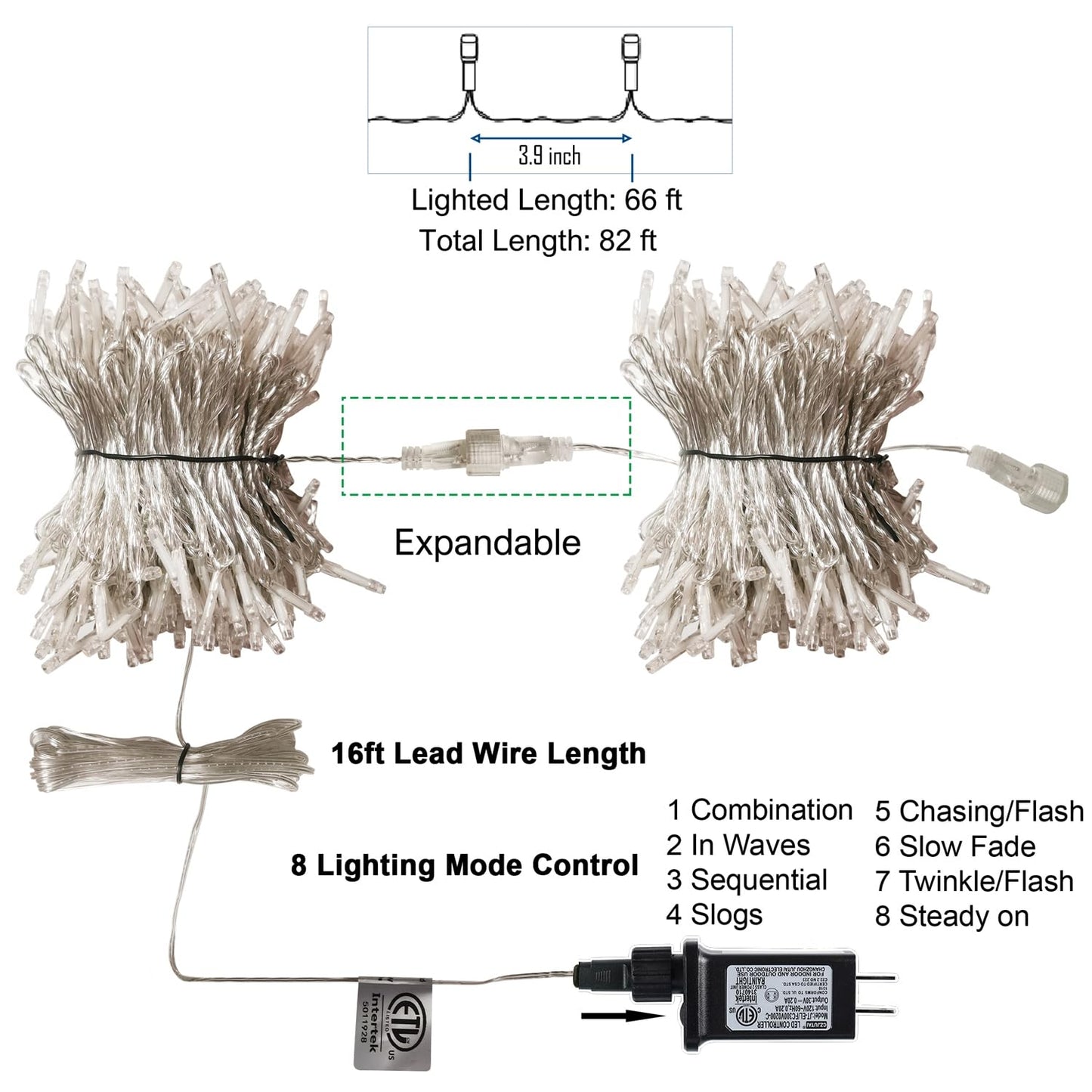 LJLNION 300 LED String Lights Outdoor Indoor, Extra Long 98.5FT Christmas Lights, 8 Lighting Modes, Plug in Waterproof Fairy Lights for Wedding Party Bedroom Decorations (Warm White)