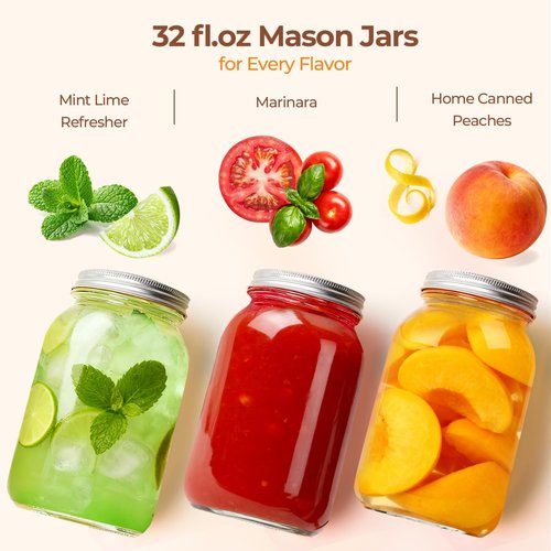 ComSaf Wide Mouth Mason Jars 32 oz with Lids 4 Pcs, Quart Mason Jars with Seal Band, Large Glass Jar, Big Canning Containers for Pickles, Jams, Sauces, Salsa, Sourdough, Juice, Suntea, Food Storage