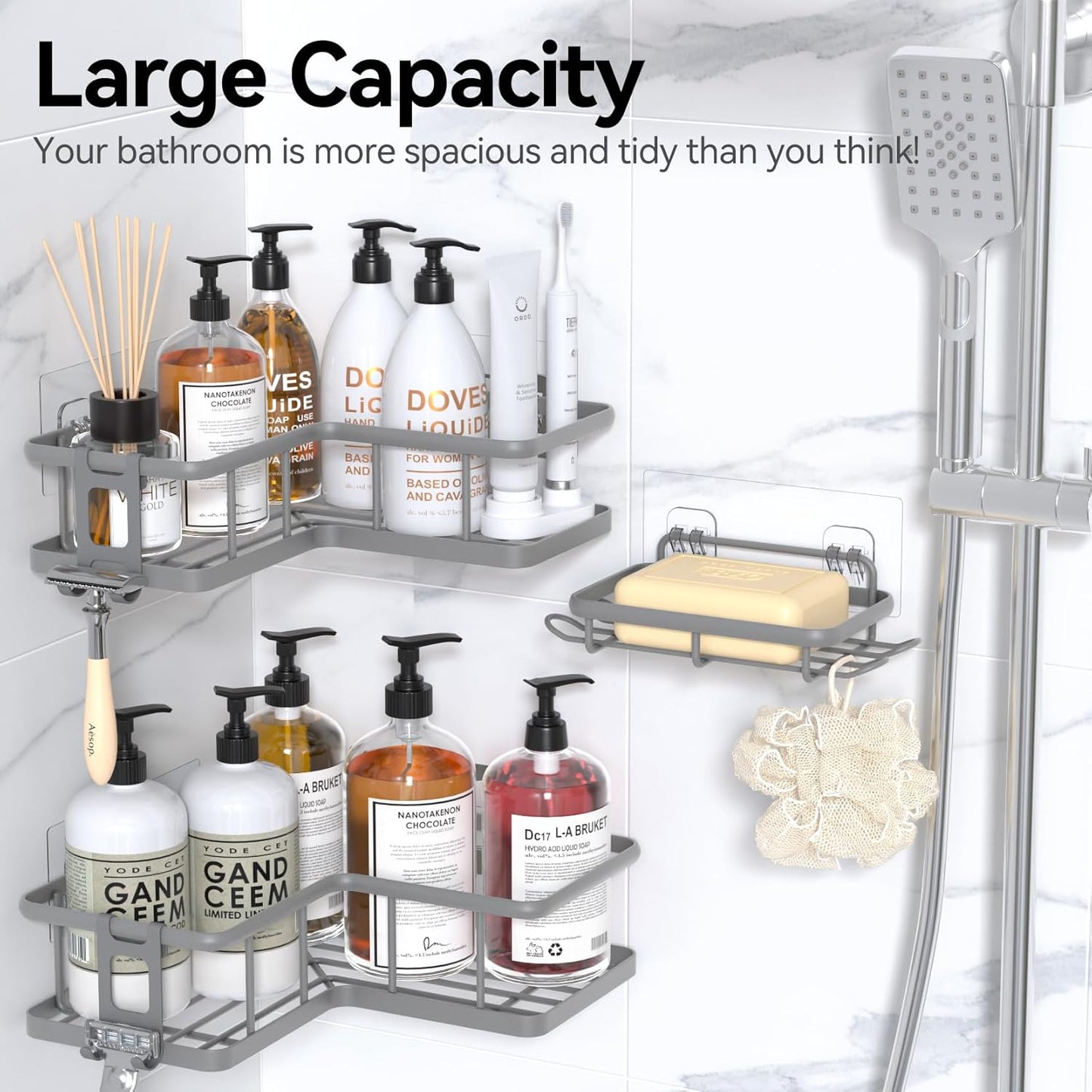 YASONIC Shower Caddy - 3-Pack Rustproof Stainless Steel Corner Shelves with Soap Holder | No Drilling, Grey