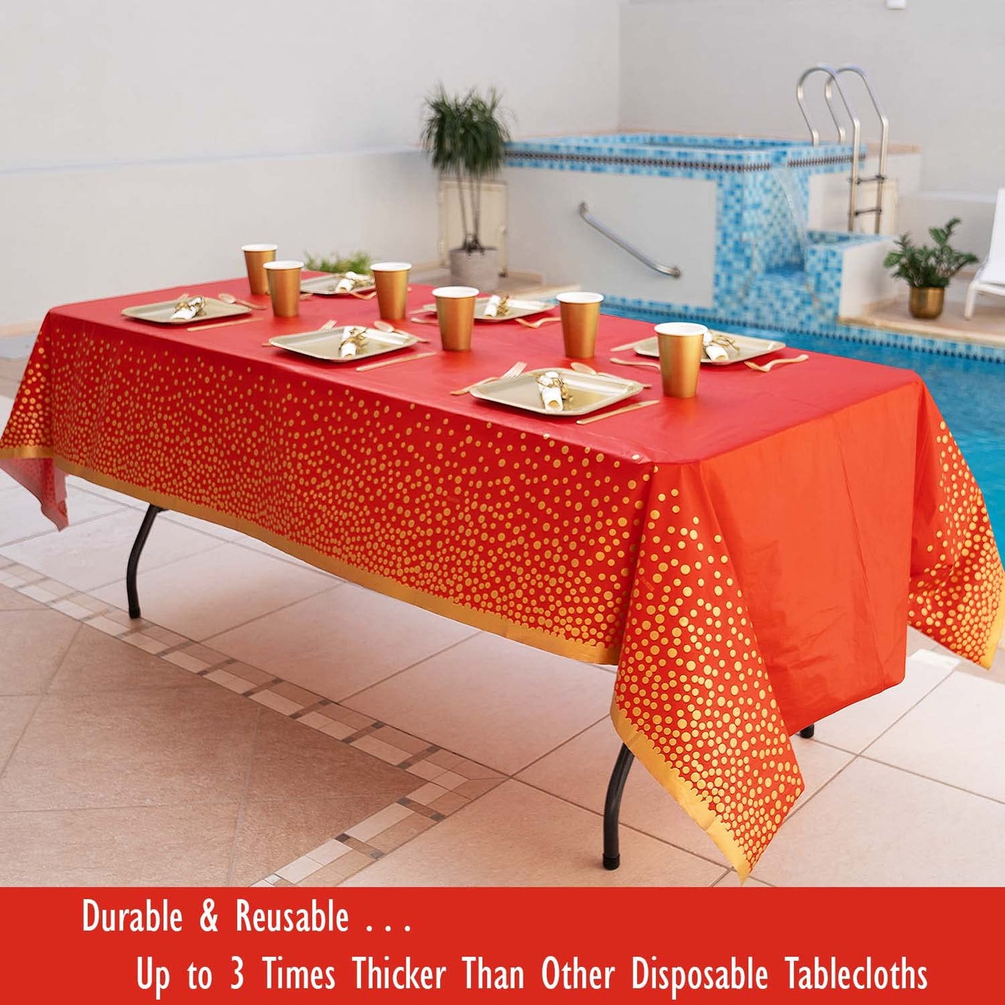 ZULADISE 2 Pack Premium Red and Gold Plastic Tablecloths – Thick, Durable, Reusable Table Covers (54 x 108 in) – Disposable Party Tablecloths for Birthday, Graduation, Christmas and Event Decorations
