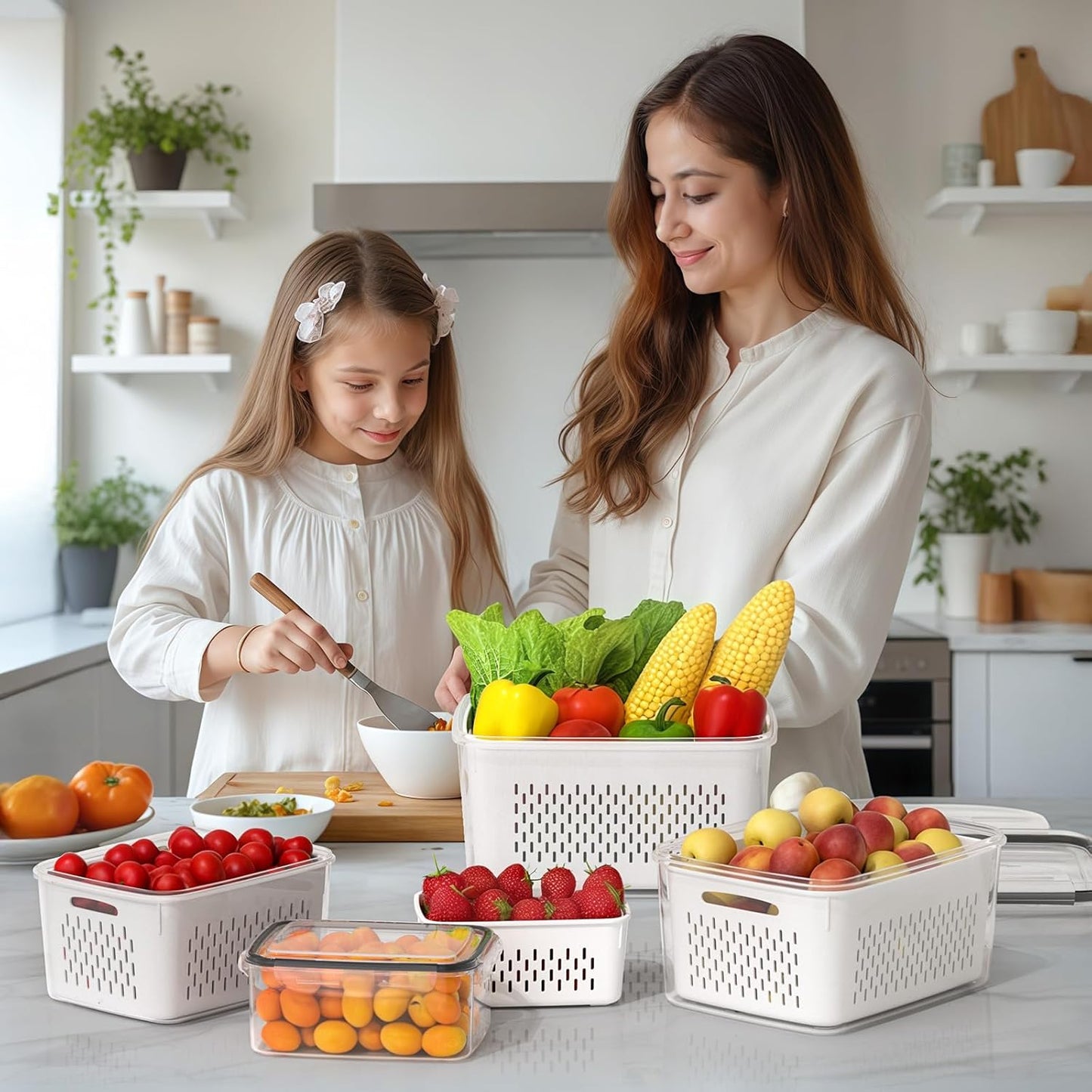 Skiennix 4 PCS Fruit Storage Containers - All-In-One Produce Wash Bowl with Strainer | Microwave & Dishwasher Safe