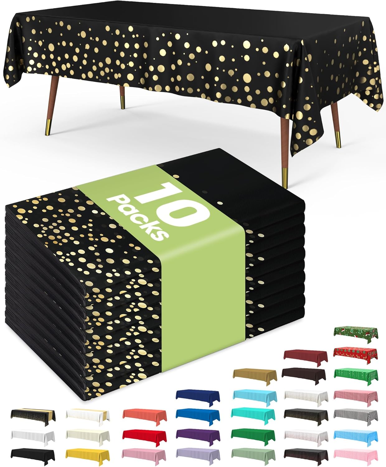 Pureegg Disposable Plastic Tablecloths - 10 Pack, 54 x 108 Inch, Leakproof & Sturdy for Graduation Decor | Black & Gold