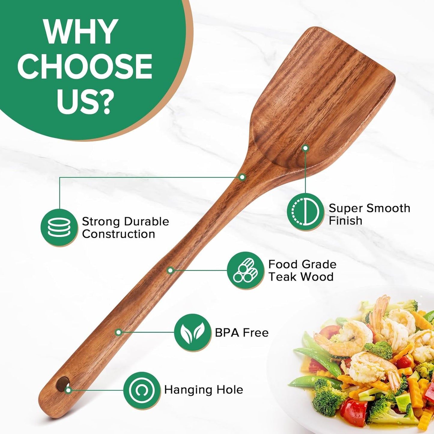 Teak Wood Spatula by [Brand Name] - Non-Toxic Cooking Utensil with Long Handle | 13.4" for Frying & Serving