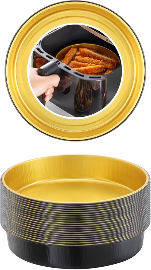 Air Fryer Foil Liners by [Brand Name] - 20 Pack 7-Inch Round Disposable Aluminum Pans | High-Heat Safe, Food-Grade Black & Gold