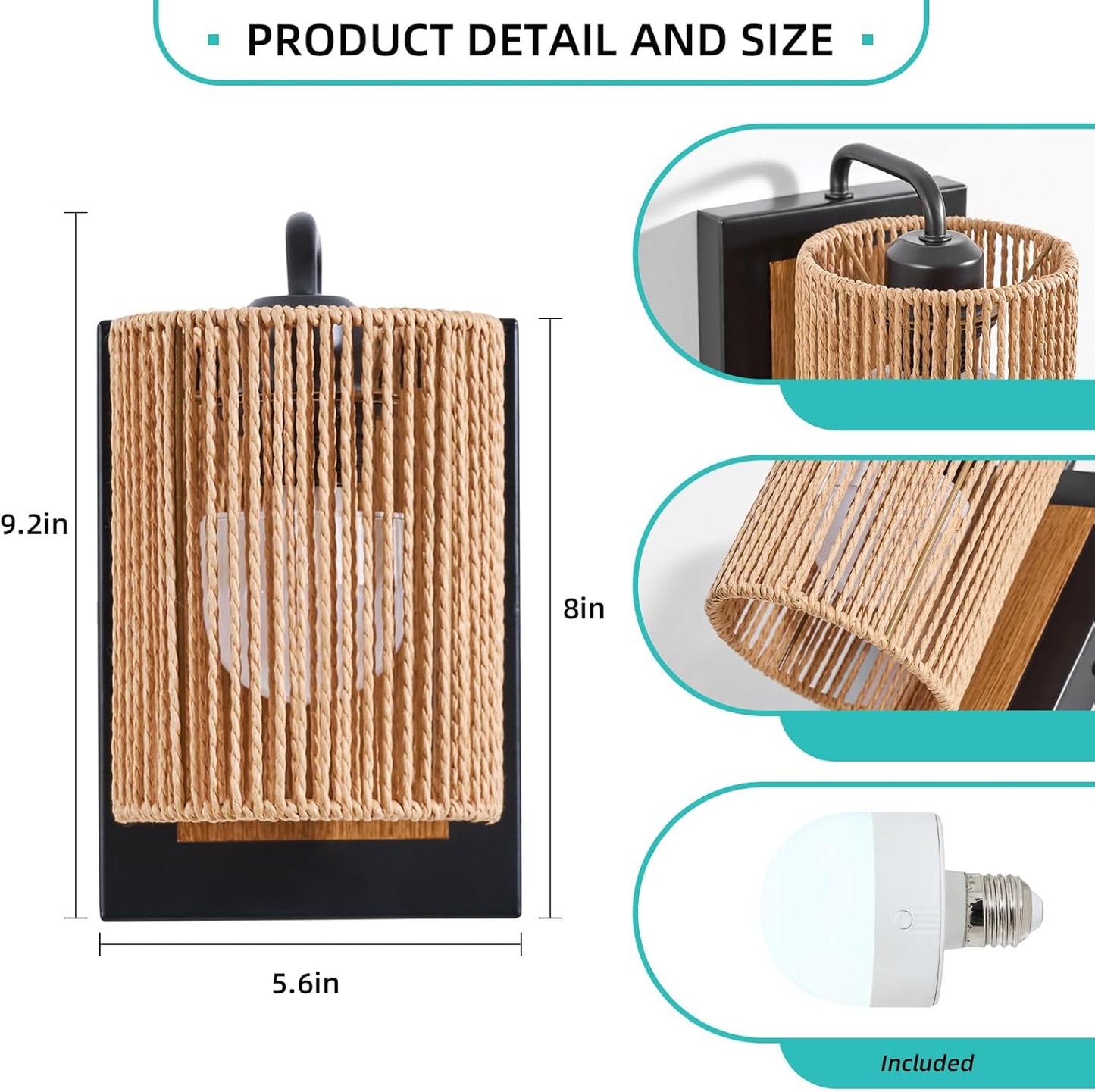 Boho Rattan Wall Sconces Set of Two, Farmhouse Wall Light Fixtures Lighting with Hand Woven Hemp Rope Shade Bedside Wicker Wall Lamp, Wall Mount Light Fixture for Bedroom Living Room Bathroom Stairway