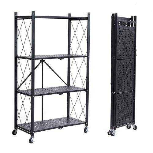 BRIAN & DANY 4-Tier Foldable Storage Shelves with Wheels, Folding Metal Rack Shelving Unit, Heavy Duty No Assembly Organizer Shelf for Garage, Kitchen, Basement, Pantry, Black