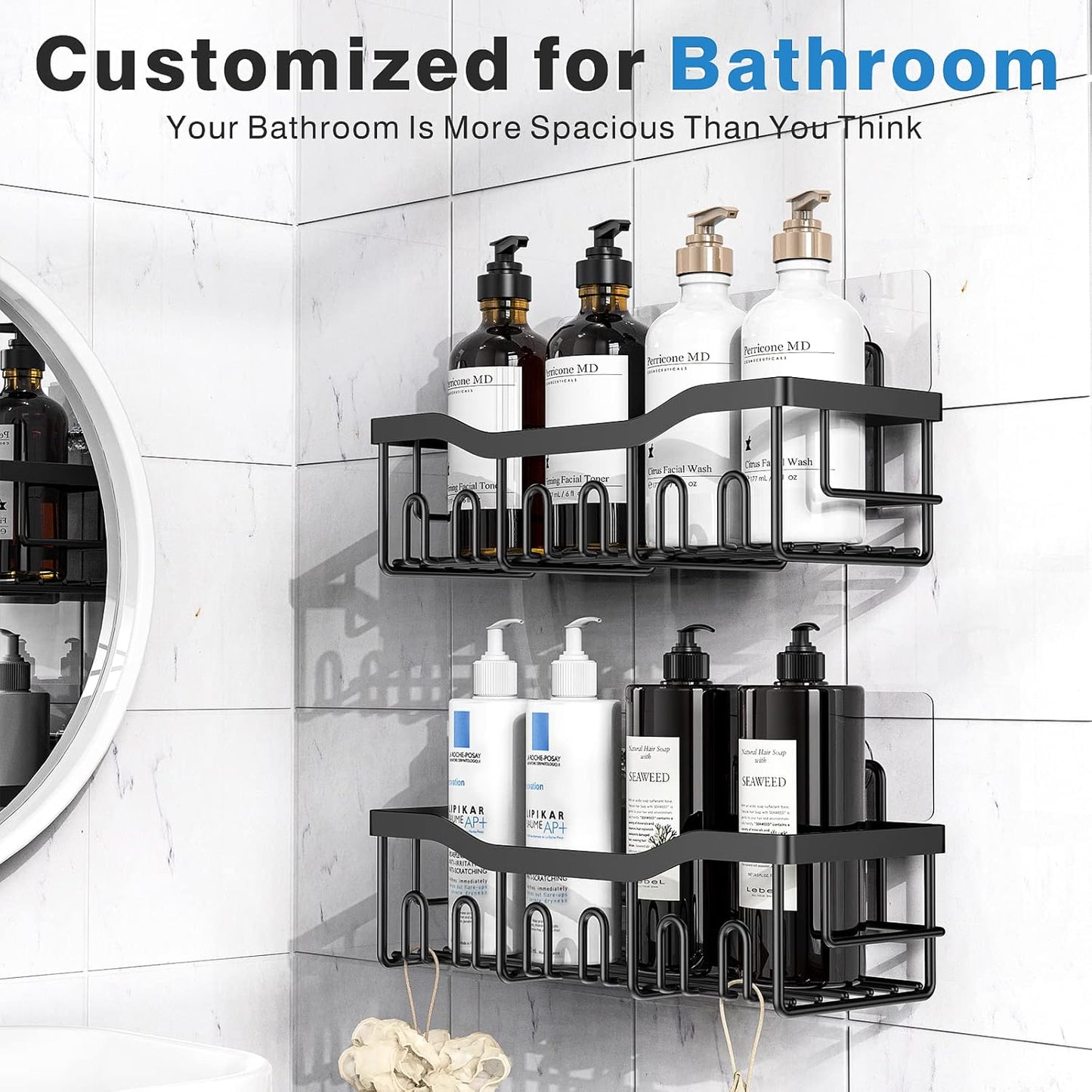 Skiennix Shower Caddy 2 Pack - Adhesive Bathroom Organizer with Large Capacity | Rustproof Stainless Steel