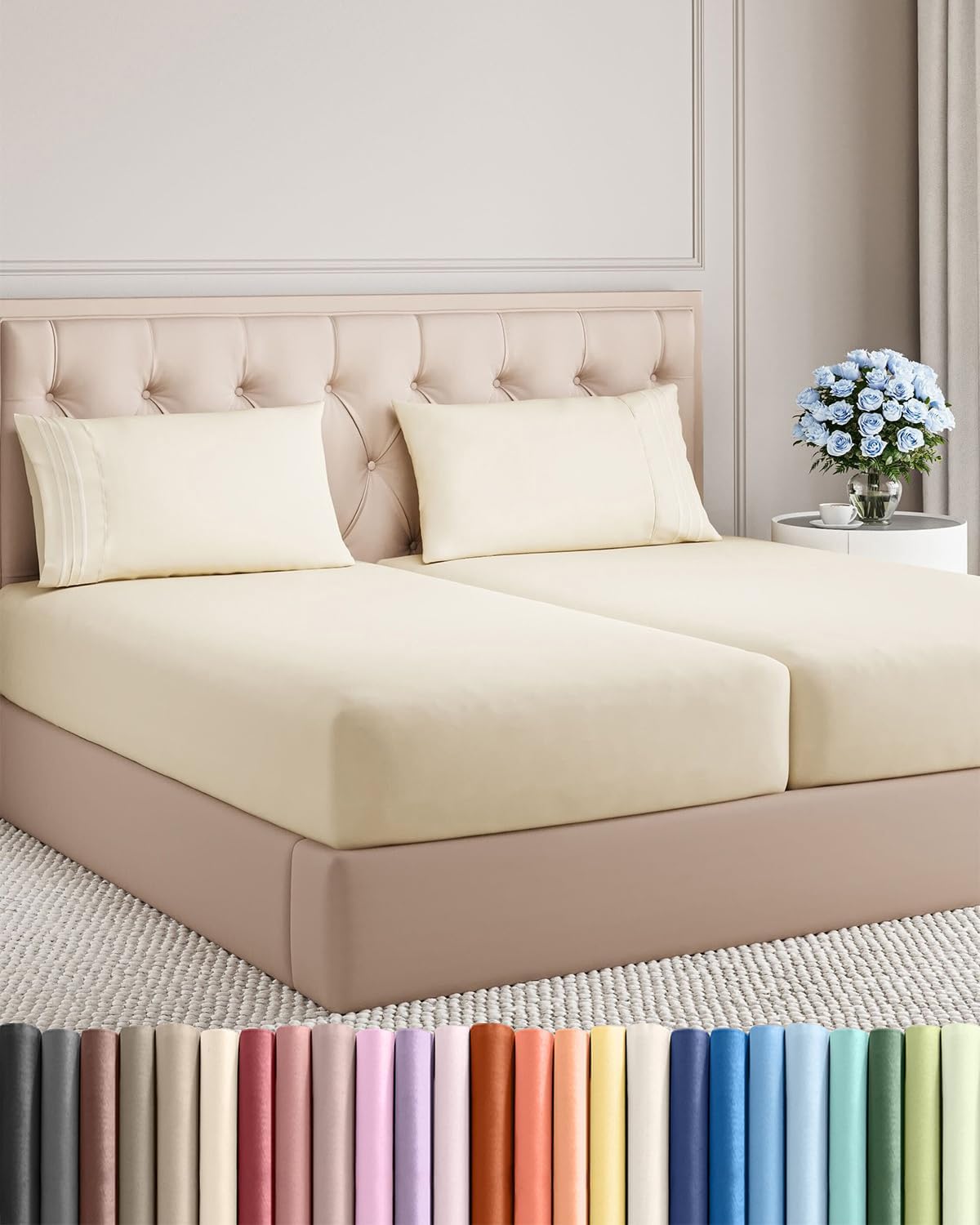 Split King Size 5-Piece Sheet Set - Comfy, Breathable & Cooling Luxury Bedding - Deep Pockets, Soft, Wrinkle-Free - Oeko-Tex Certified, Off White